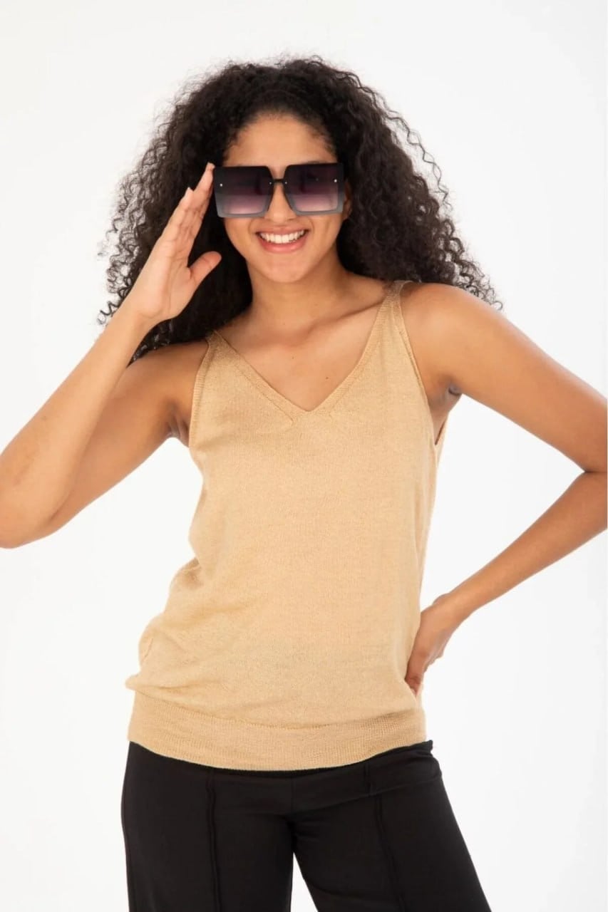 Wholesale Women's Beige Mercerized Knit Top with Front and Back V-Neck 0037-3360