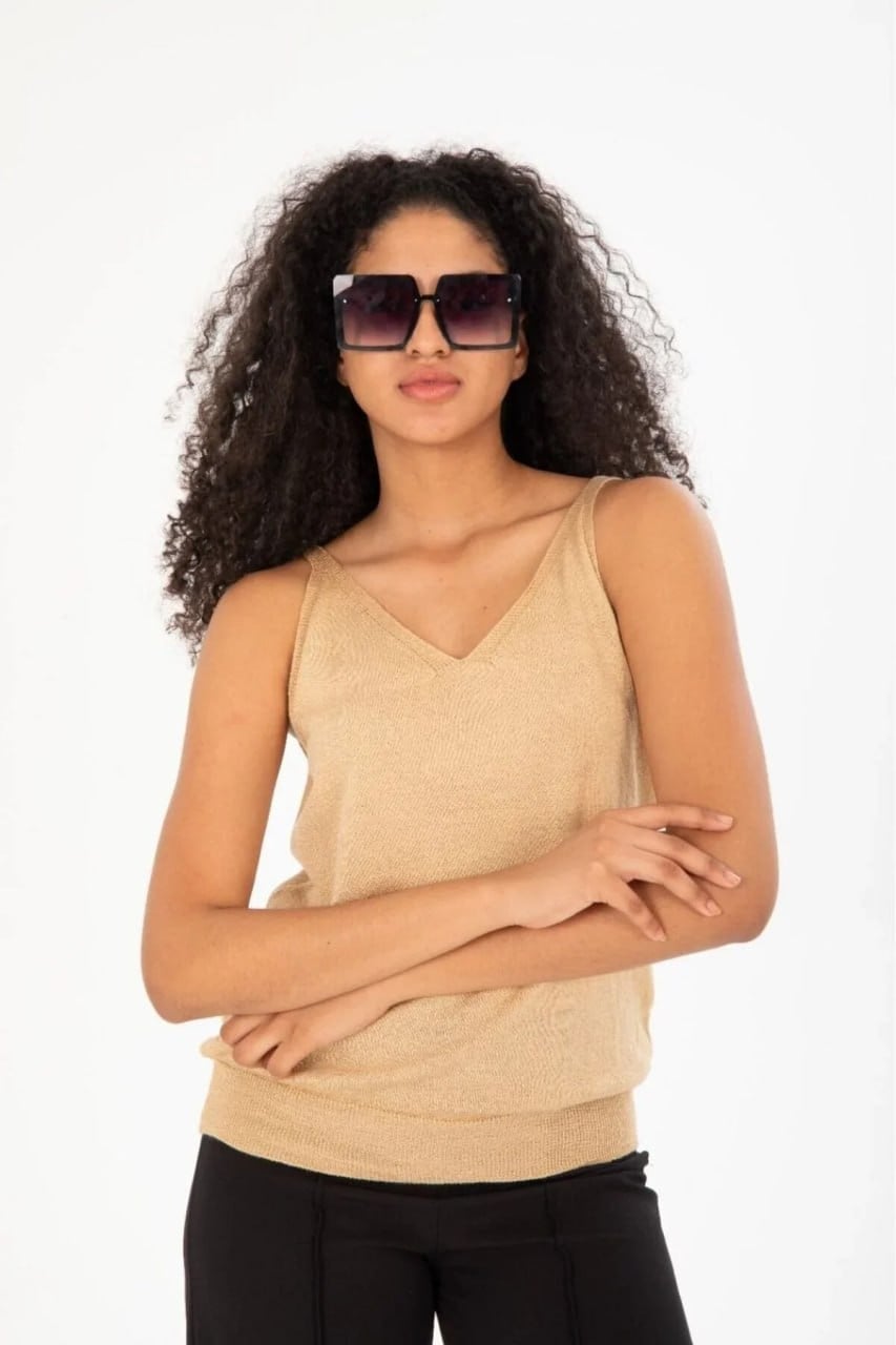 Wholesale Women's Beige Mercerized Knit Top with Front and Back V-Neck 0037-3360