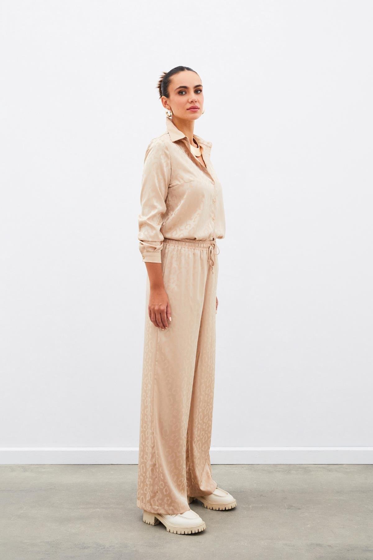 Wholesale Women's Beige Patterned Trousers with Elastic Waist 0033-1518-5510