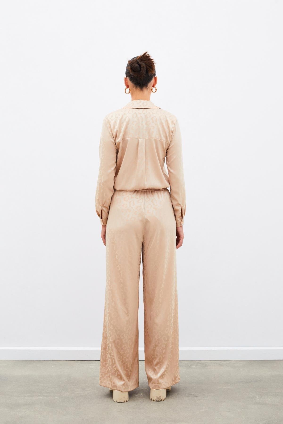 Wholesale Women's Beige Patterned Trousers with Elastic Waist 0033-1518-5510