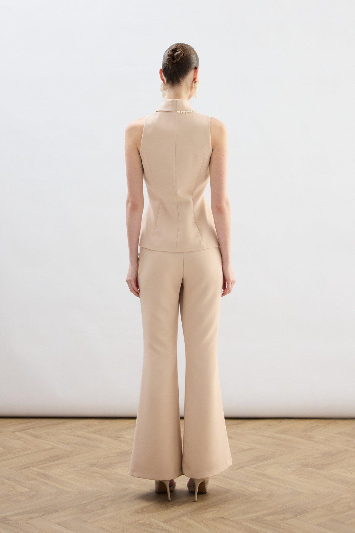 Wholesale Women's Beige Pearl-Embellished Wrap Waistcoat 0033-1910-6596