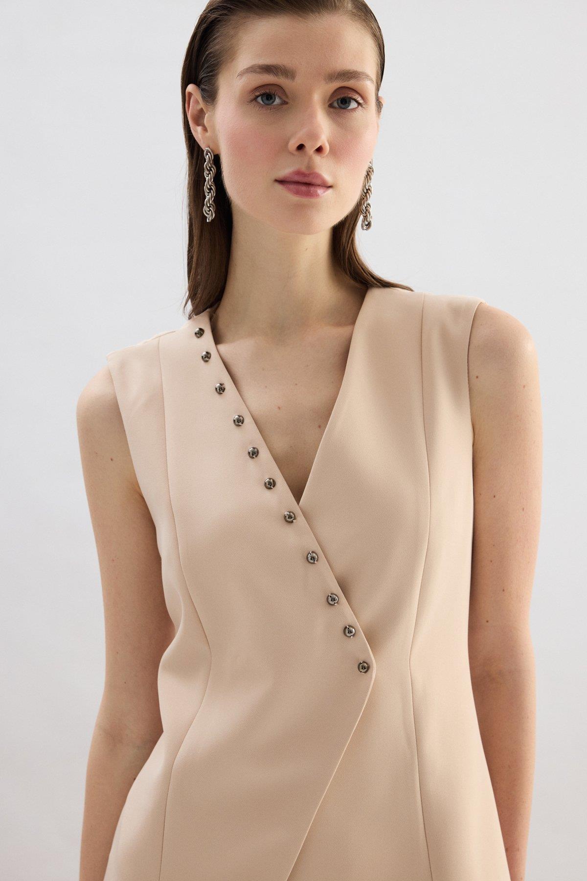 Wholesale Women's Beige Pearl-Embellished Wrap Waistcoat 0033-1909-6597