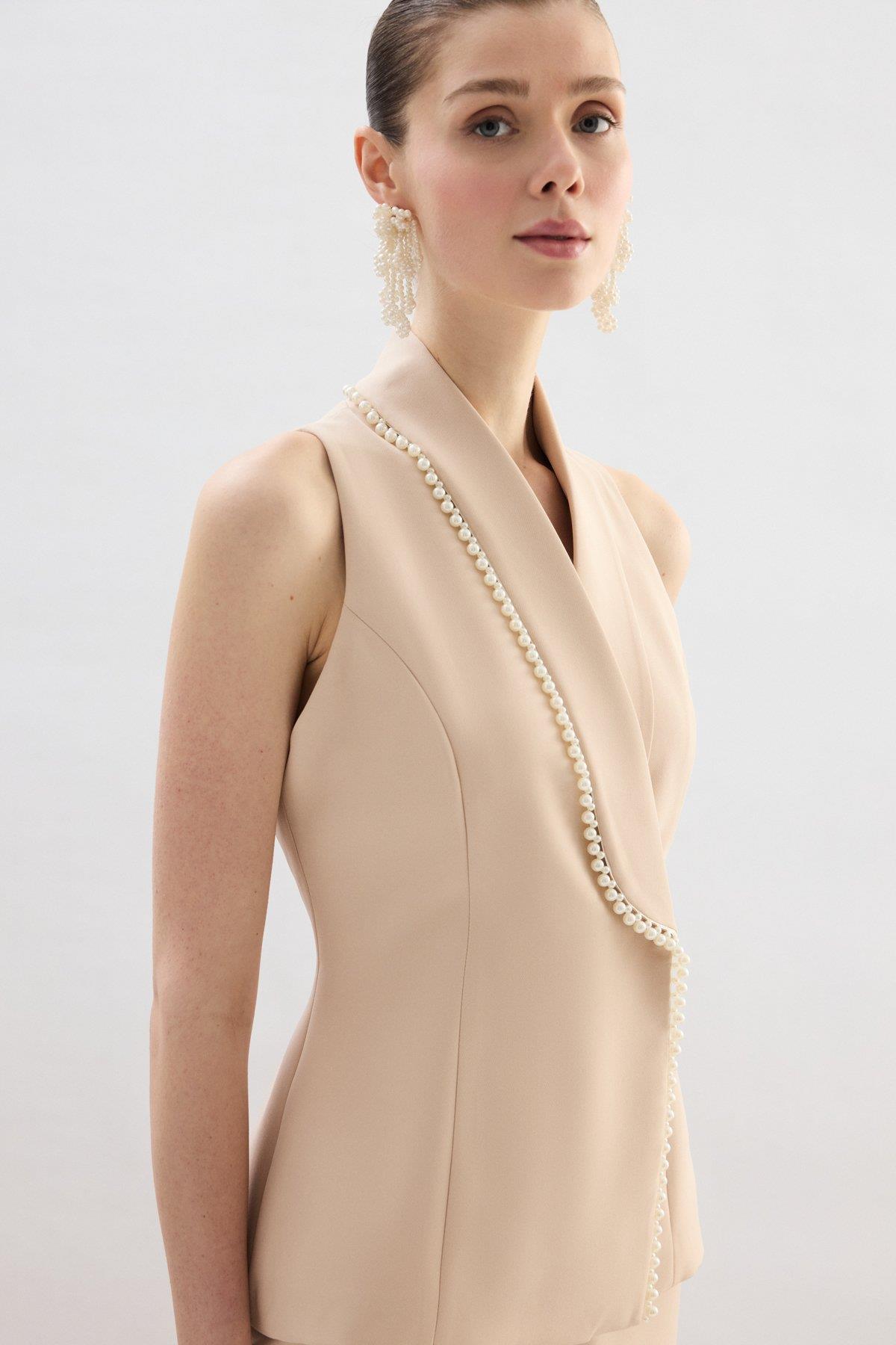 Wholesale Women's Beige Pearl-Embellished Wrap Waistcoat 0033-1910-6596