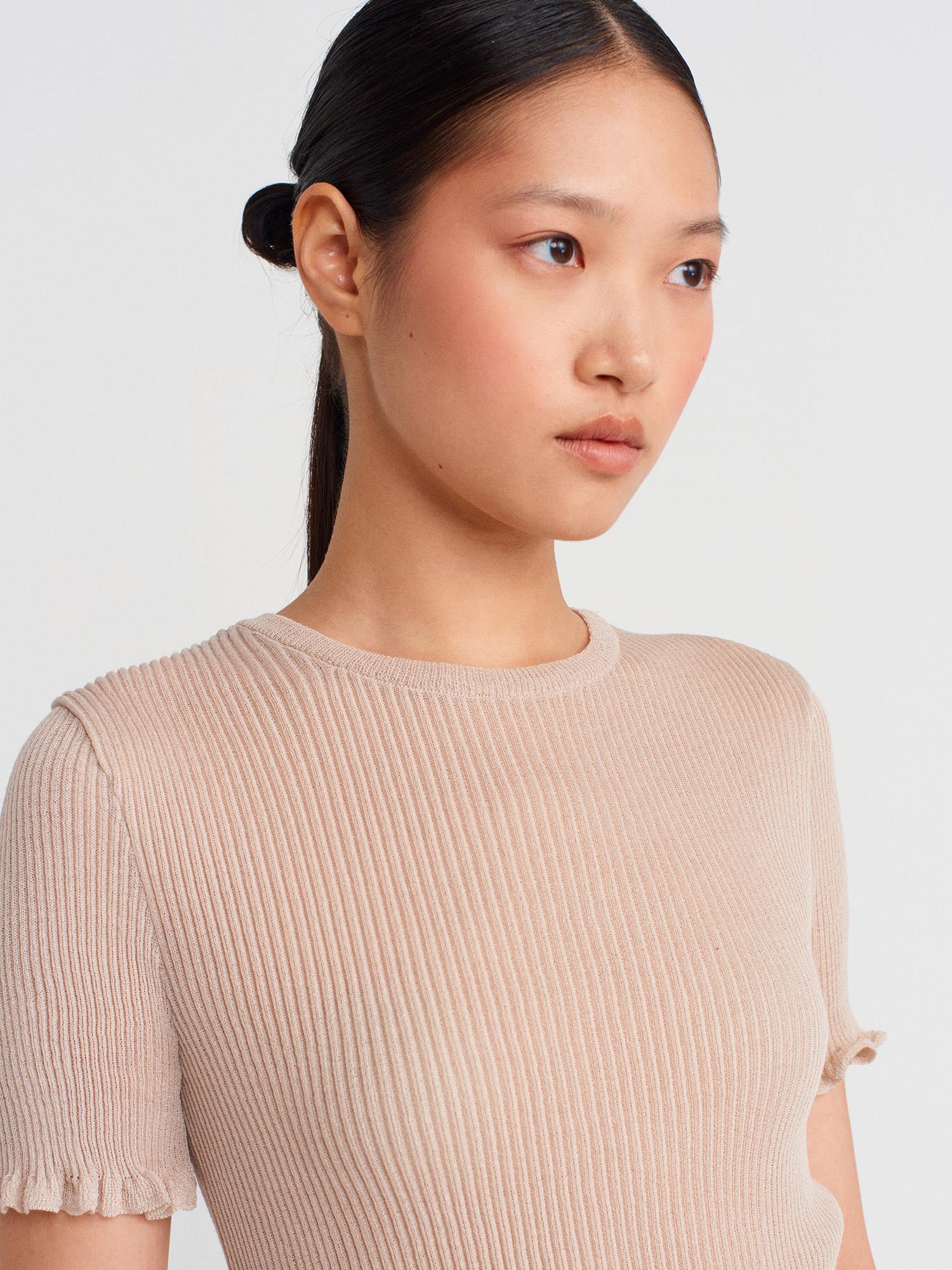 Wholesale Women's Beige Short-Sleeve Fine Knit Crew-Neck Blouse with Ruffled Trim 0431W26-10783