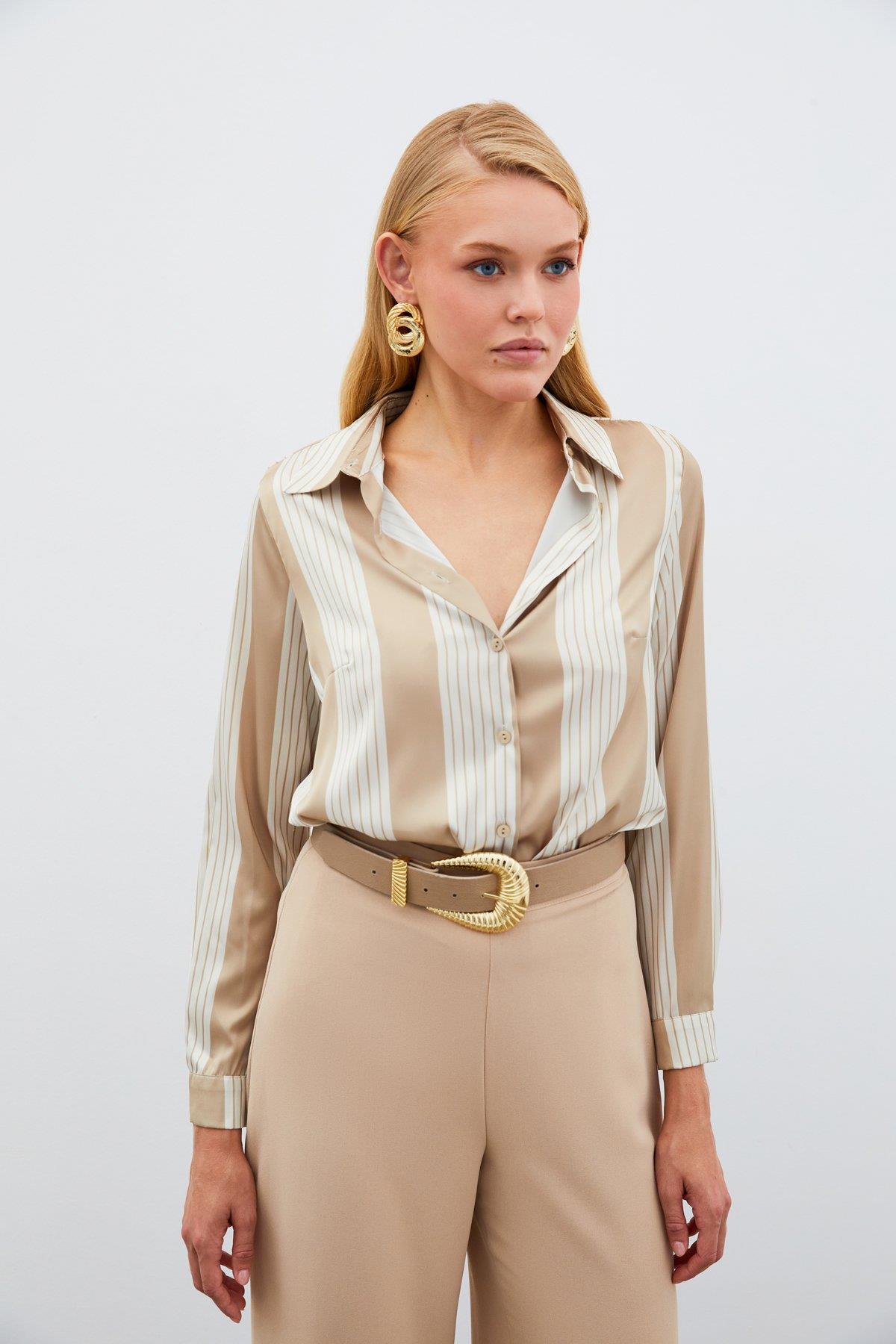 Wholesale Women's Beige Striped Shirt 0033-1508-2505