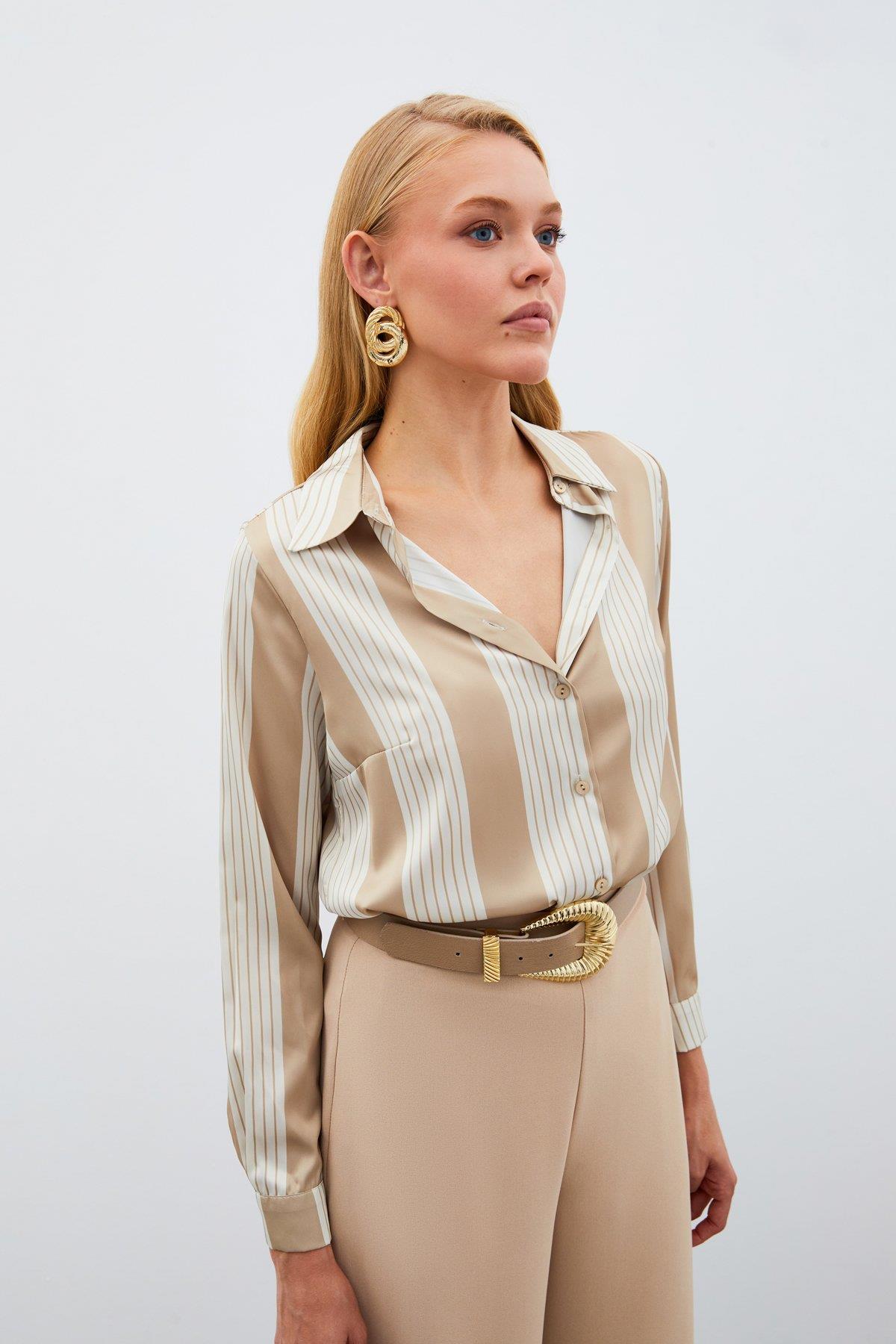 Wholesale Women's Beige Striped Shirt 0033-1508-2505