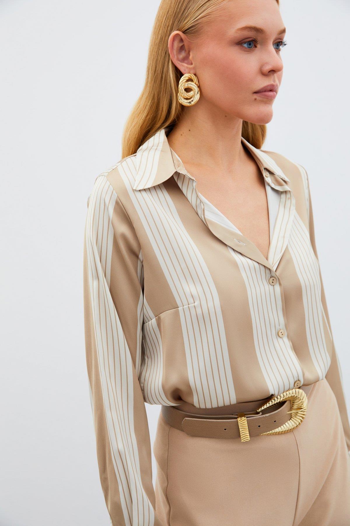 Wholesale Women's Beige Striped Shirt 0033-1508-2505