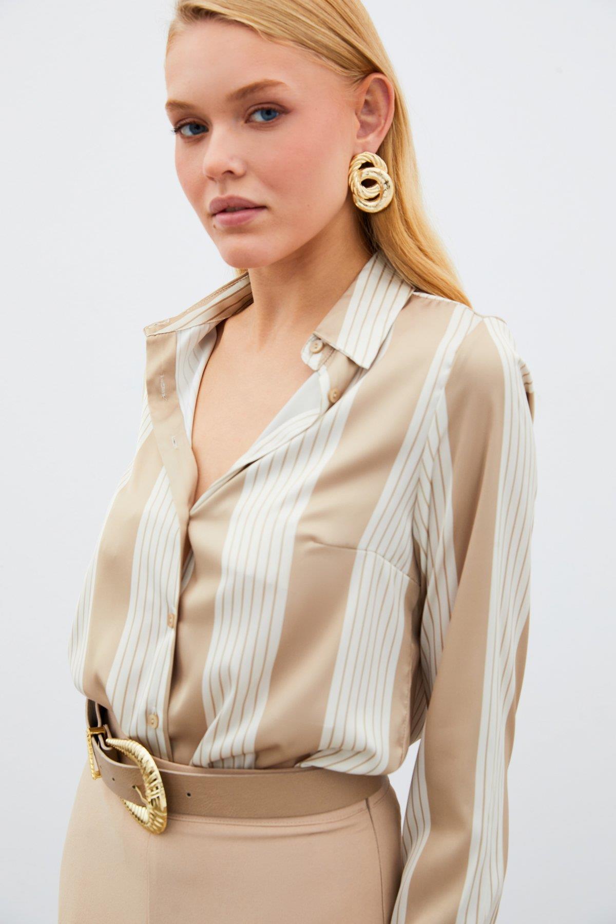 Wholesale Women's Beige Striped Shirt 0033-1508-2505