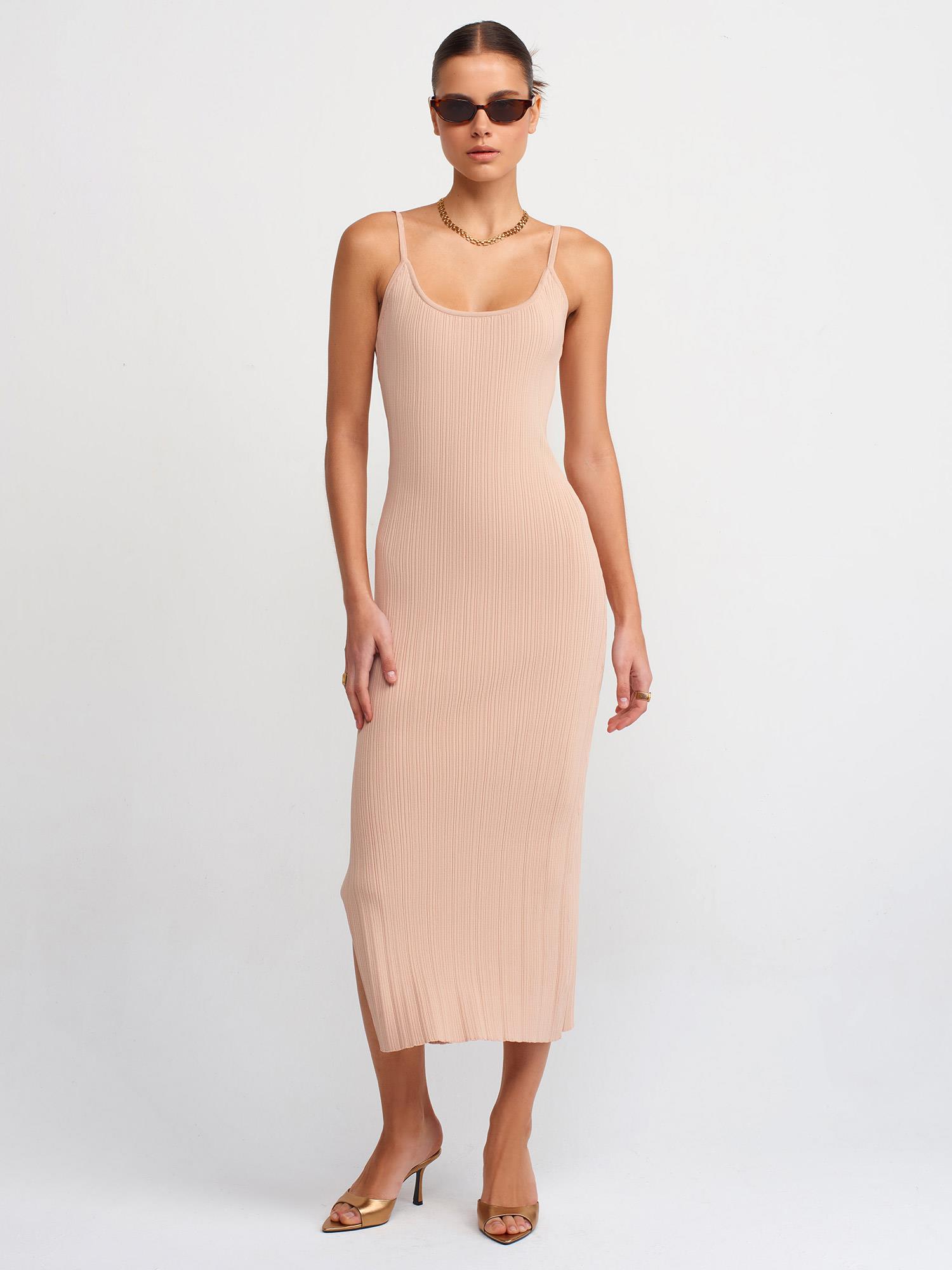 Wholesale Women's Beige Thin Strap Knit Dress with Side Slit 0431W26-90139