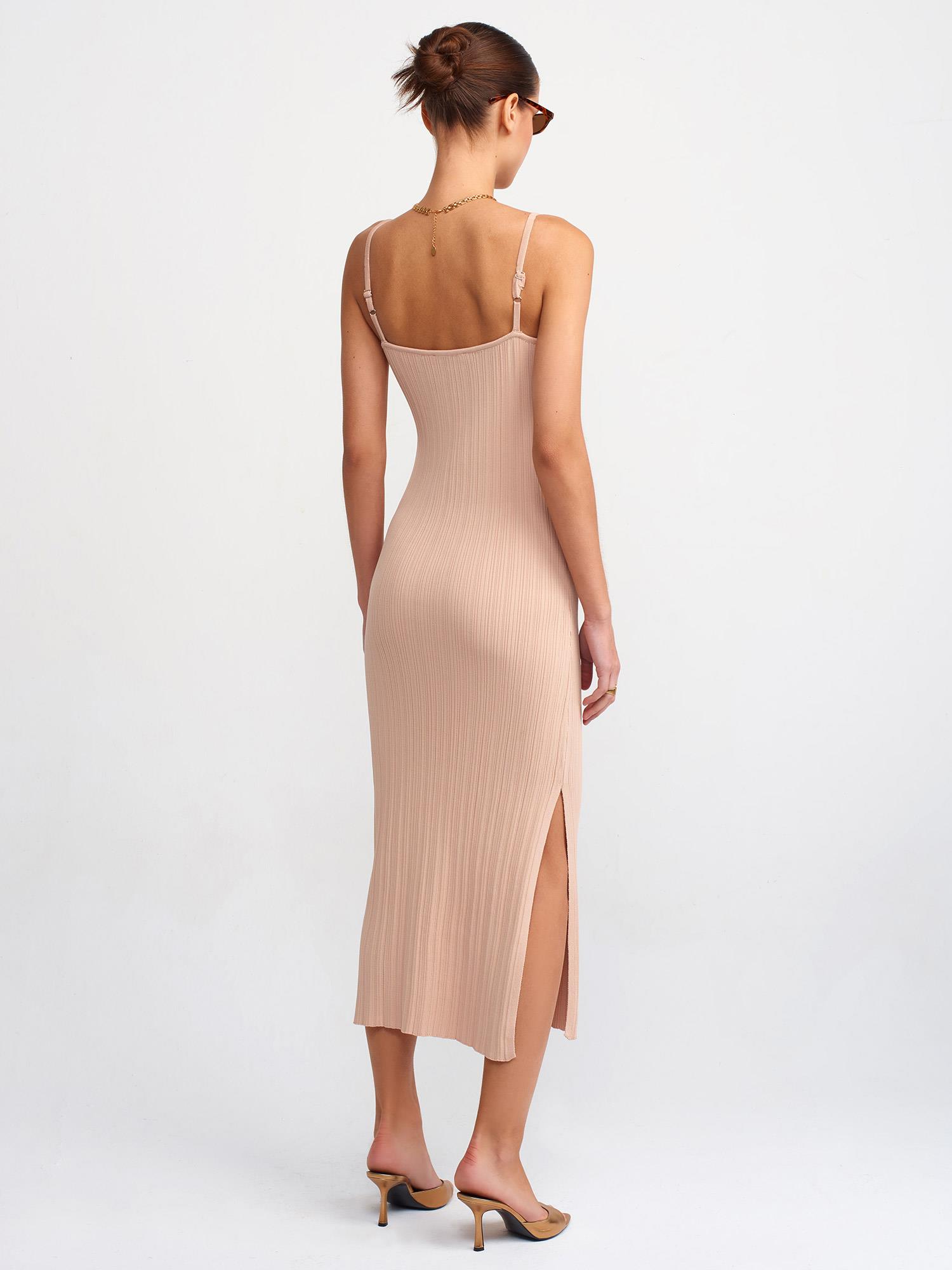 Wholesale Women's Beige Thin Strap Knit Dress with Side Slit 0431W26-90139