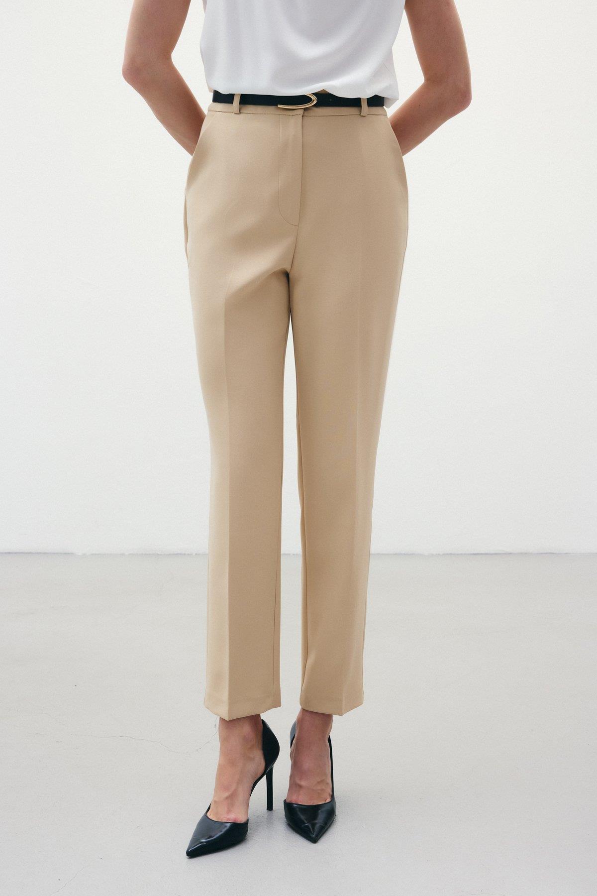 Wholesale Women's Beige Trousers with Belt 0033-1860-5066