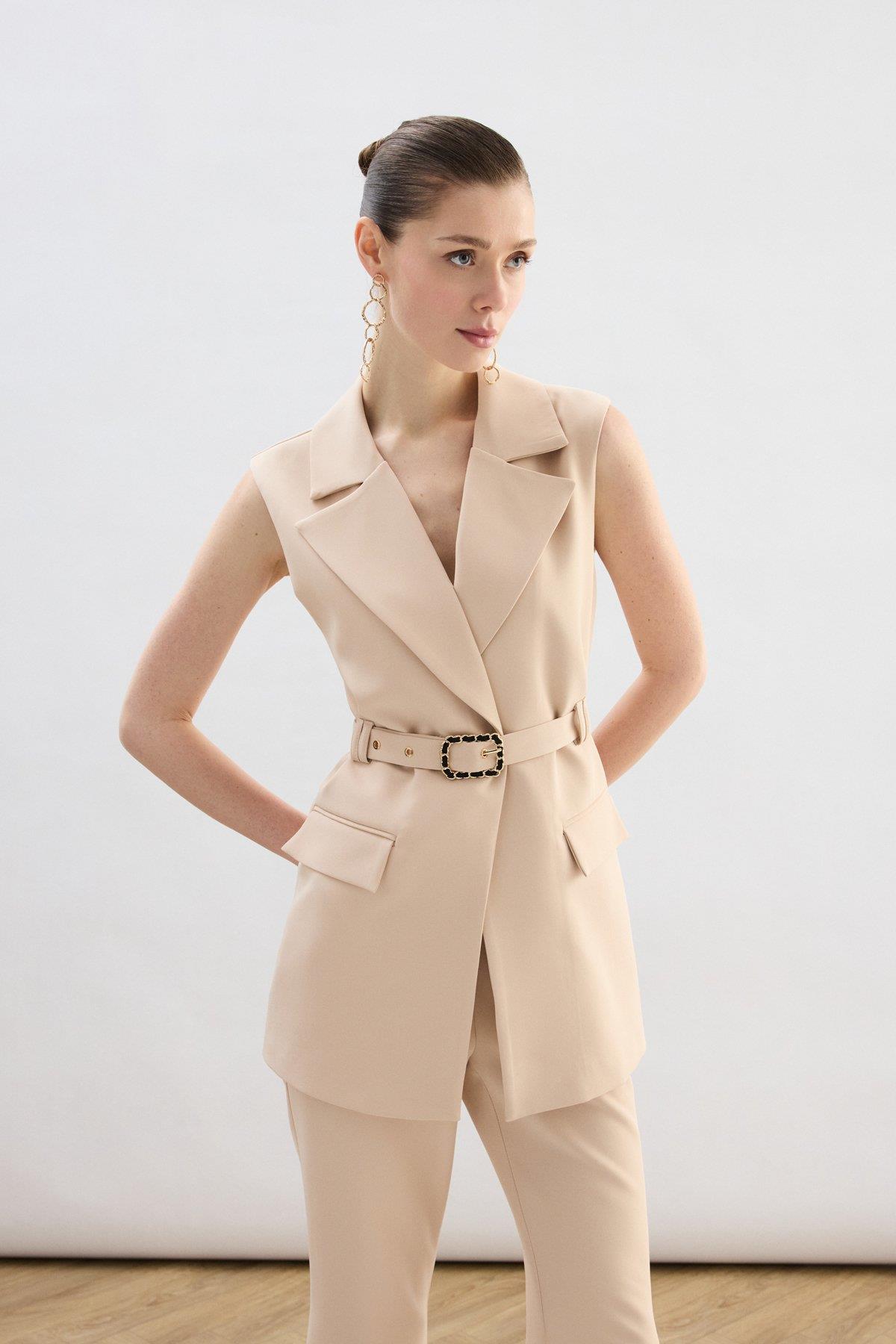 Wholesale Women's Beige Waistcoat with Belt 0033-1911-6593