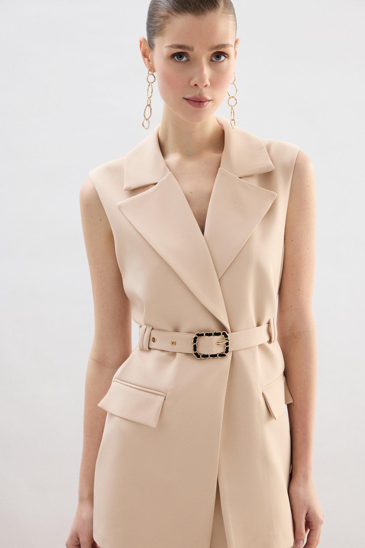 Wholesale Women's Beige Waistcoat with Belt 0033-1911-6593