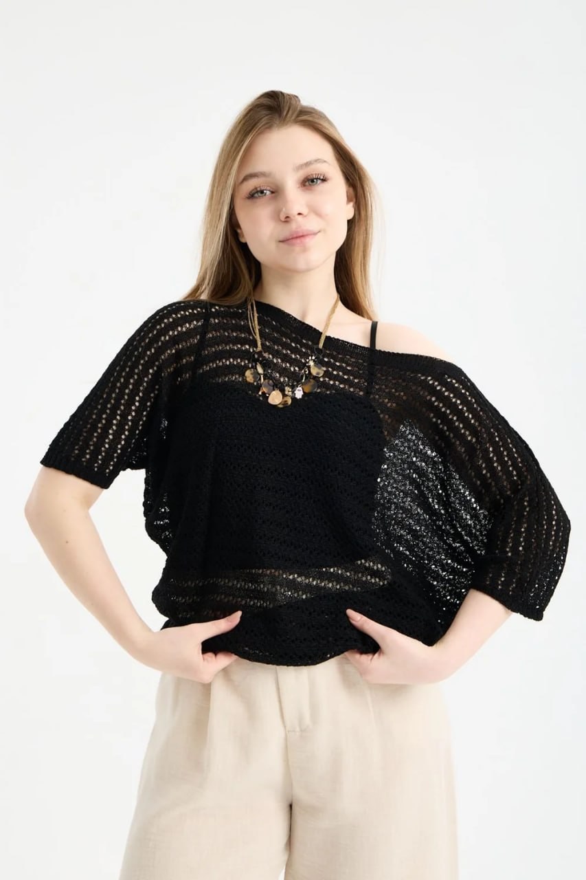 Wholesale Women's Black Boat Neck Mercerized Openwork Fine Knit Blouse 0037-3619