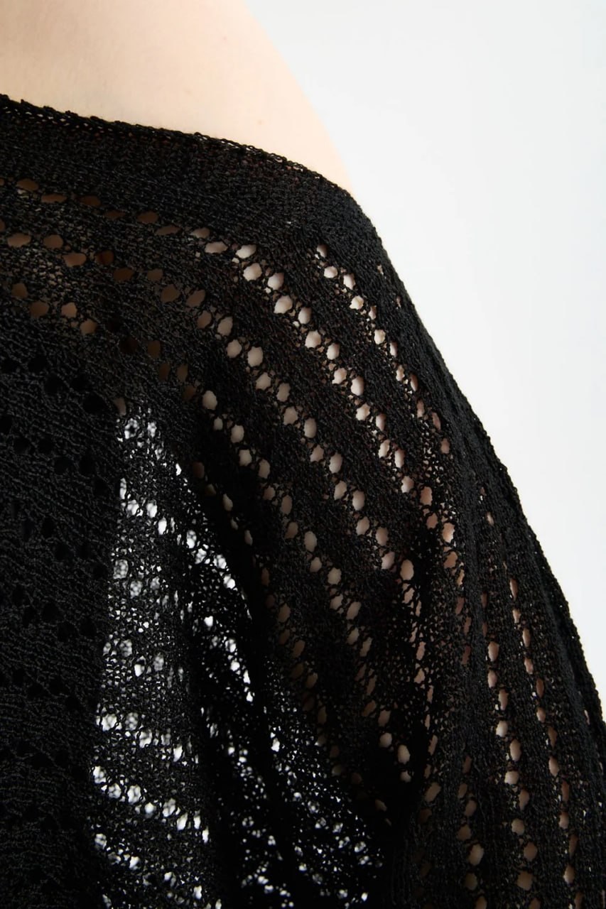 Wholesale Women's Black Boat Neck Mercerized Openwork Fine Knit Blouse 0037-3619