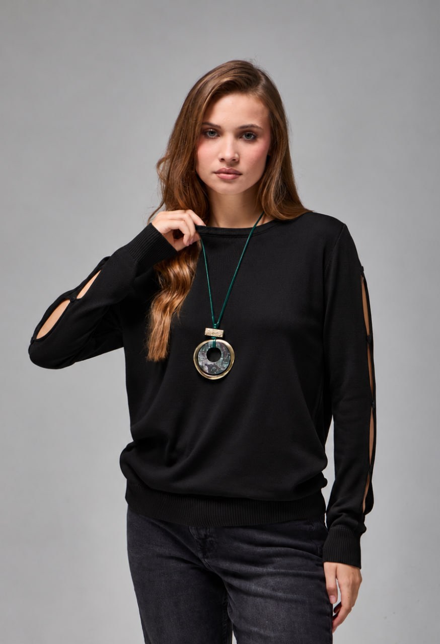 Wholesale Women's Black Buttoned Cut-Out Sleeve Knit Sweater 0037-3727