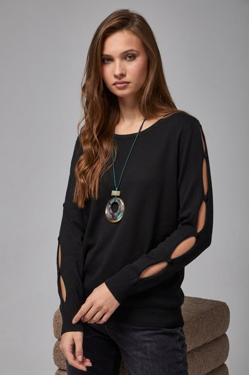 Wholesale Women's Black Buttoned Cut-Out Sleeve Knit Sweater 0037-3727