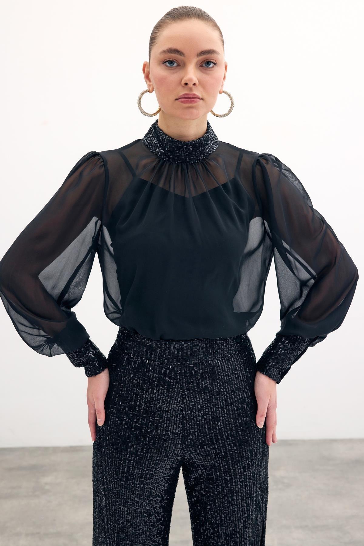 Wholesale Women's Black Chiffon Blouse with Sequin-Embellished Collar and Cuffs 0033-1676-1552