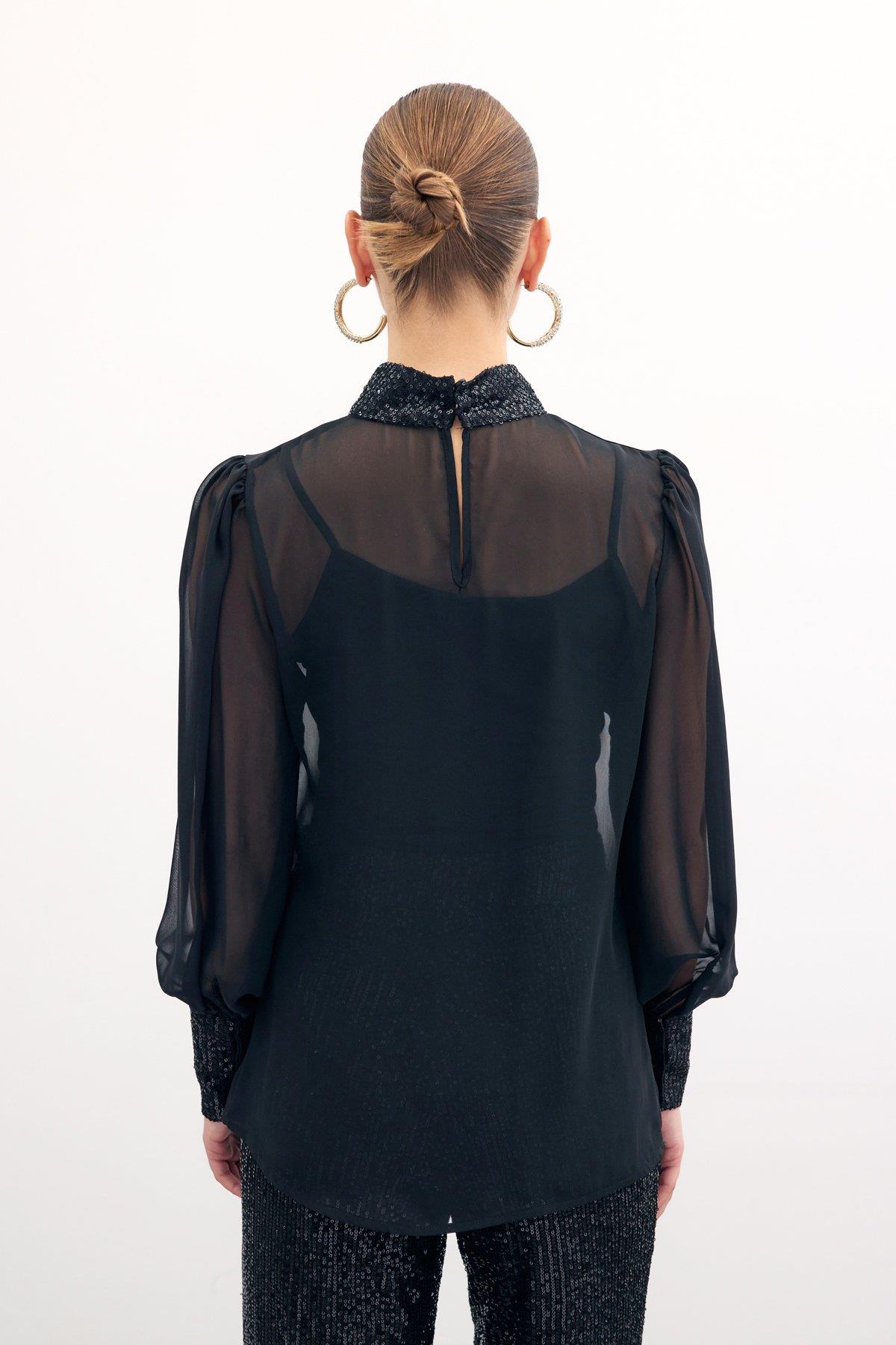 Wholesale Women's Black Chiffon Blouse with Sequin-Embellished Collar and Cuffs 0033-1676-1552