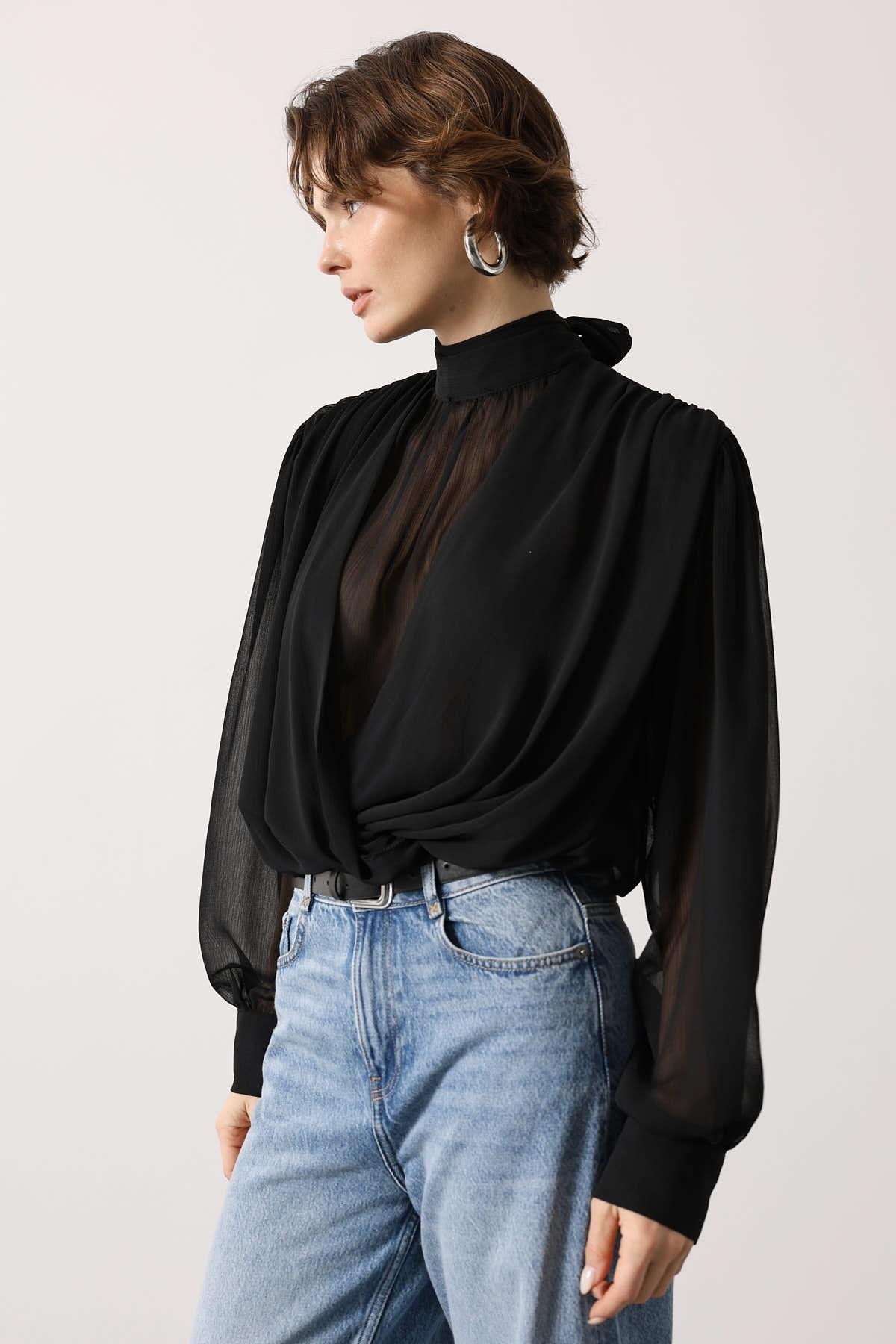Wholesale Women's Black Chiffon Blouse with Tie-Neck 0061-31348