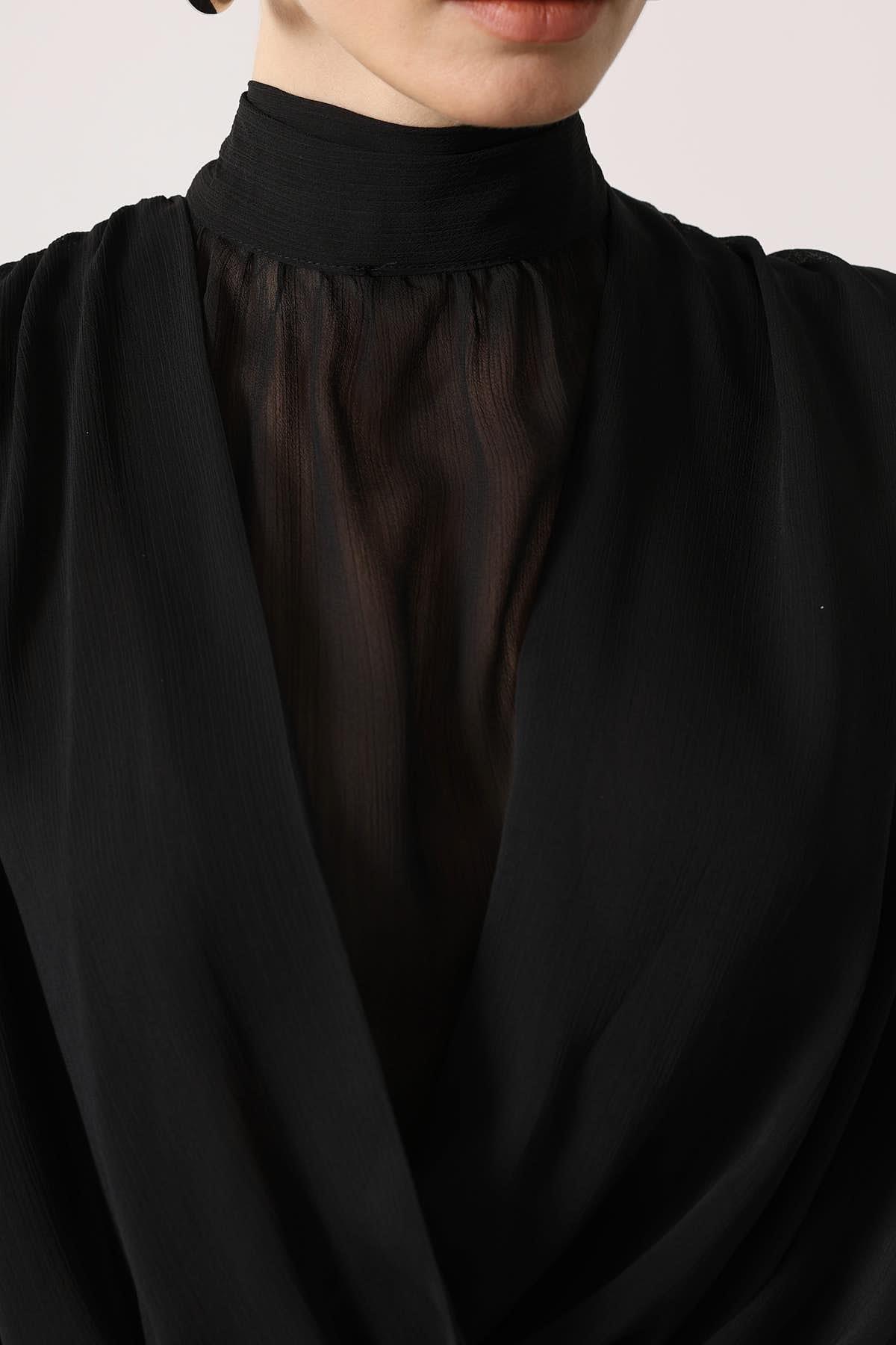 Wholesale Women's Black Chiffon Blouse with Tie-Neck 0061-31348