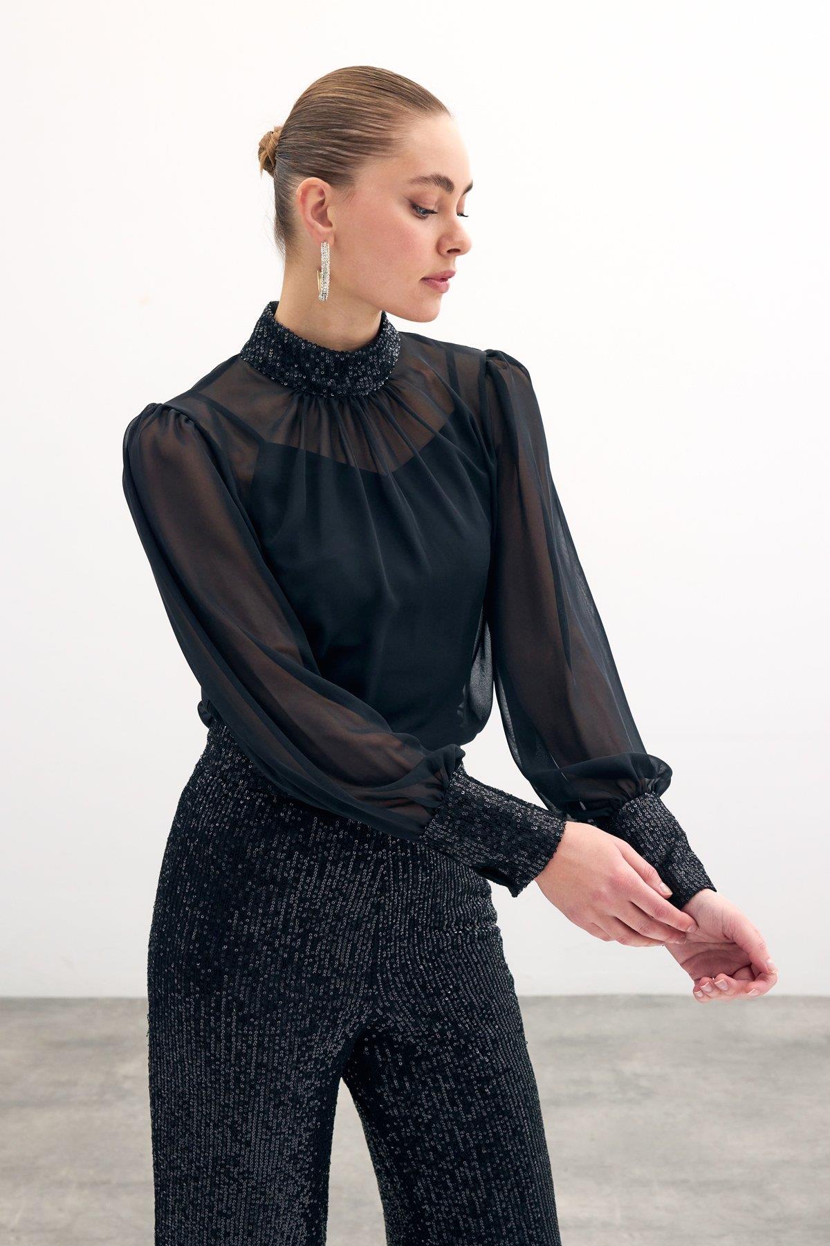 Wholesale Women's Black Chiffon Blouse with Sequin-Embellished Collar and Cuffs 0033-1676-1552