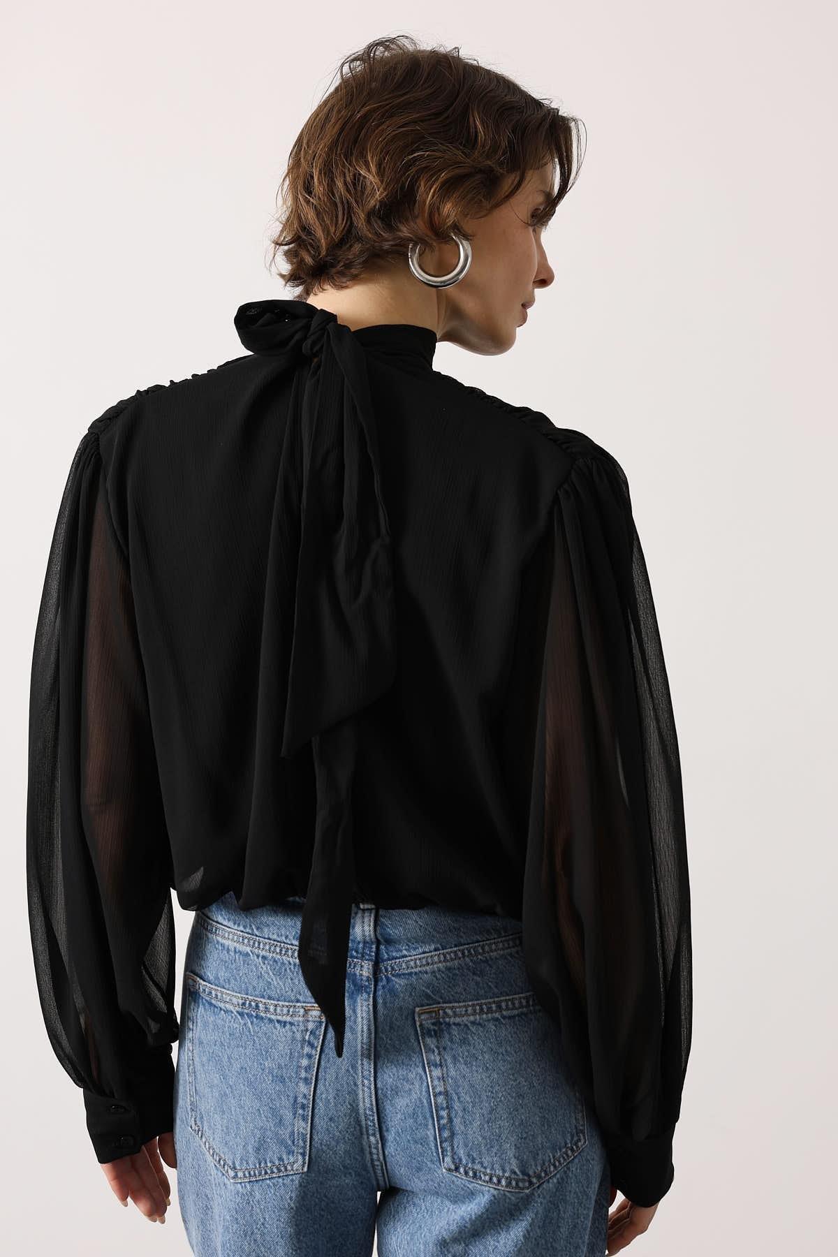 Wholesale Women's Black Chiffon Blouse with Tie-Neck 0061-31348