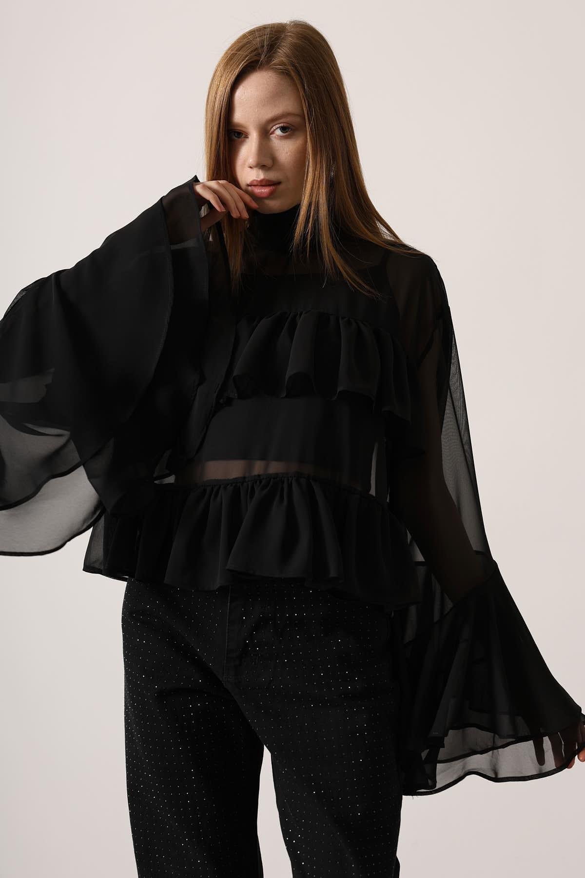 Wholesale Women's Black Chiffon Draped Long-Sleeve Blouse 0061-31349