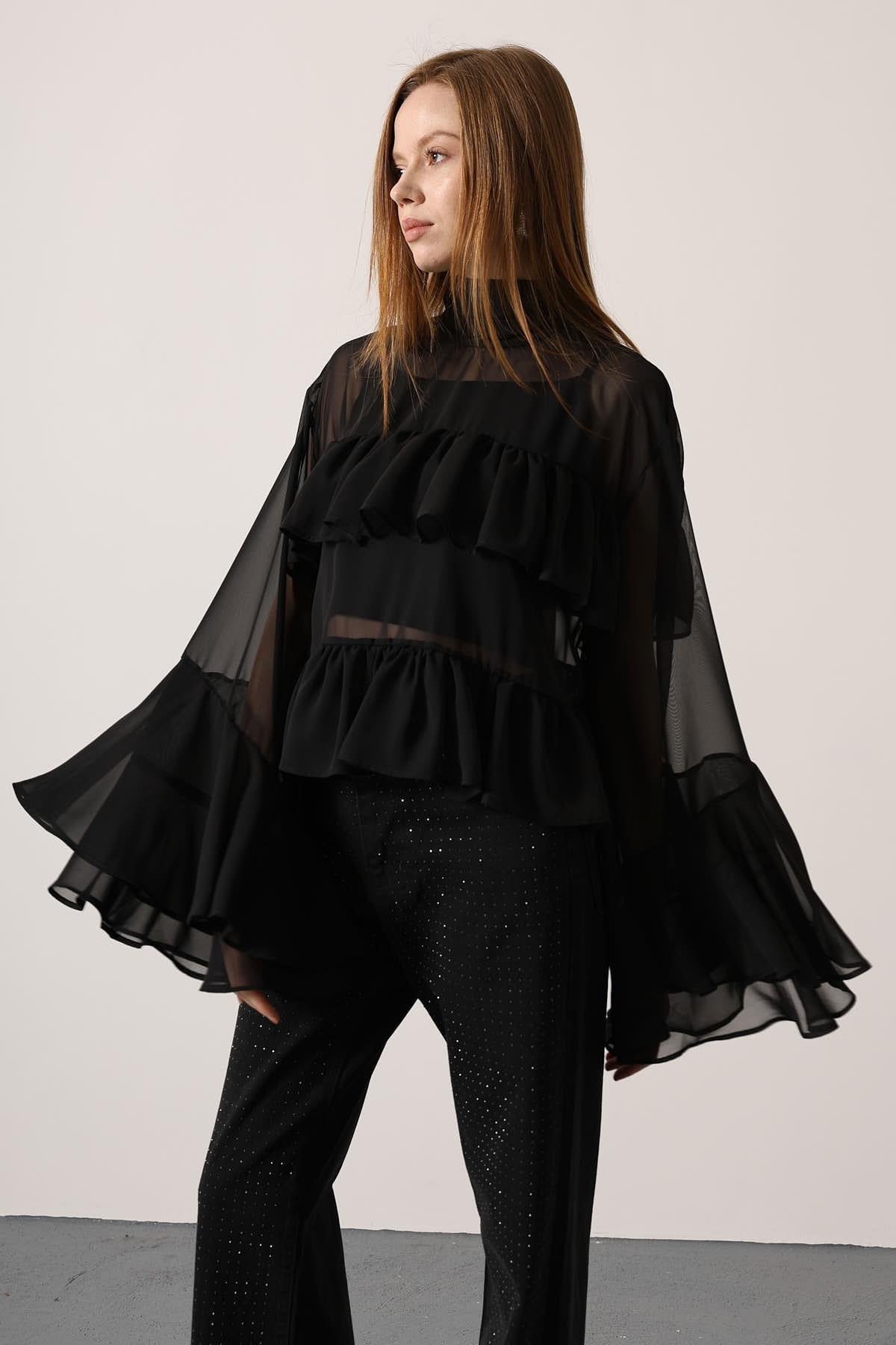 Wholesale Women's Black Chiffon Draped Long-Sleeve Blouse 0061-31349