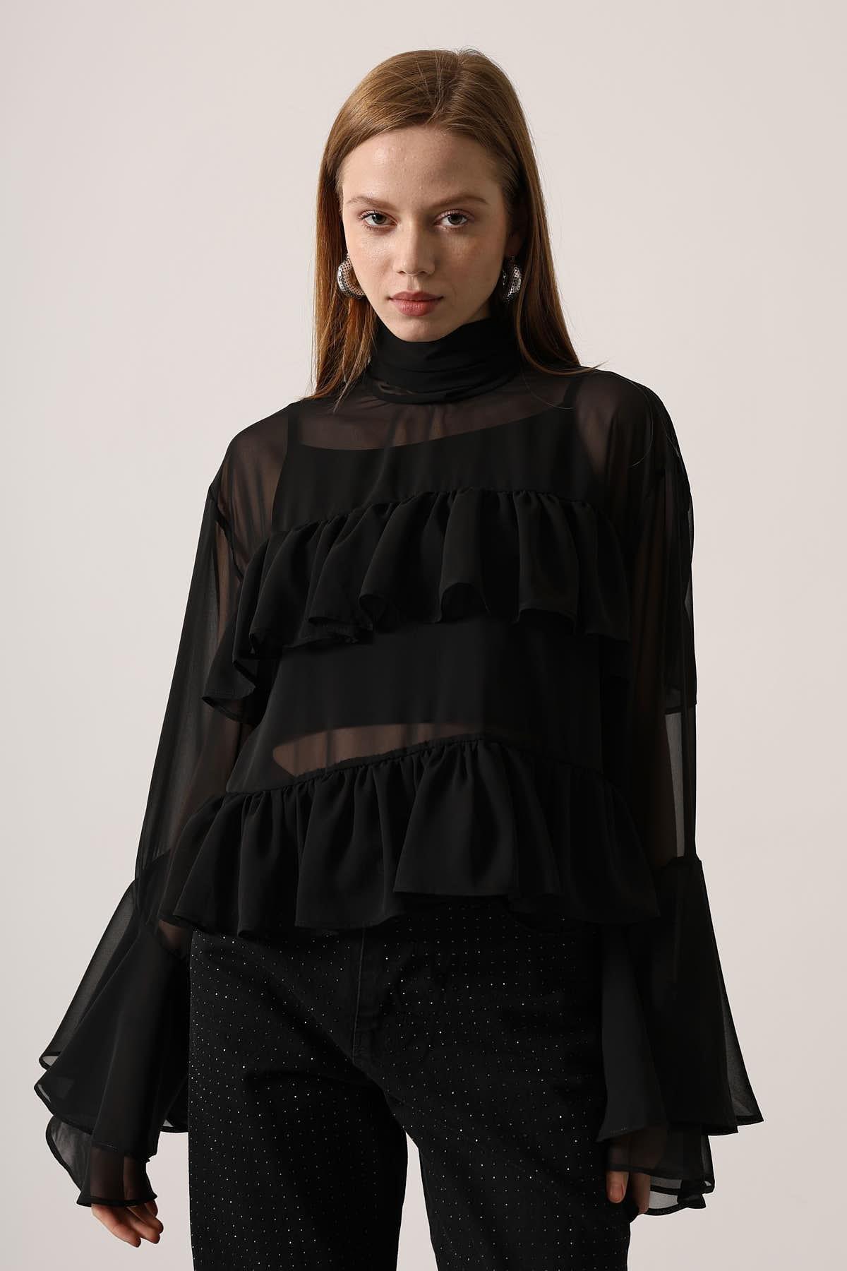 Wholesale Women's Black Chiffon Draped Long-Sleeve Blouse 0061-31349