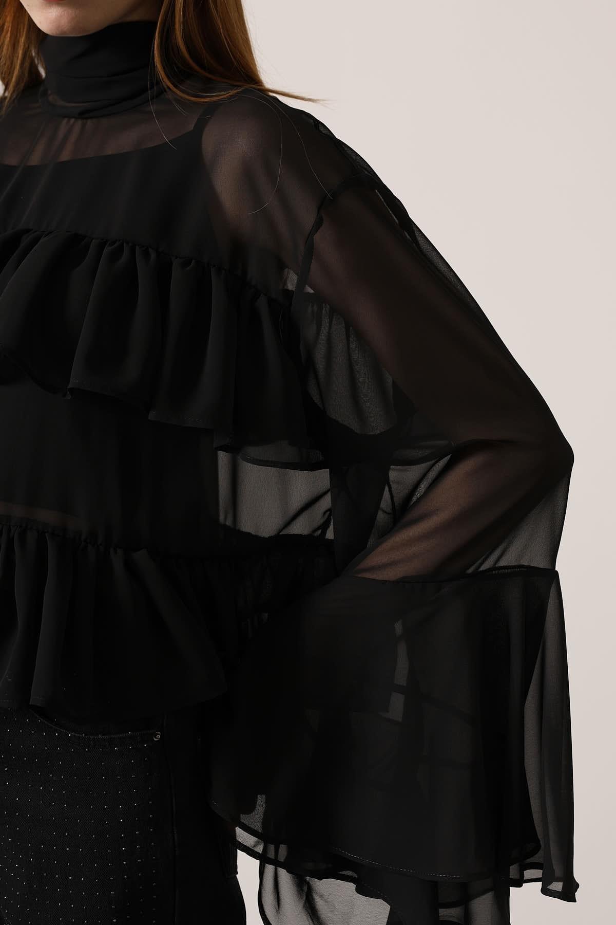 Wholesale Women's Black Chiffon Draped Long-Sleeve Blouse 0061-31349