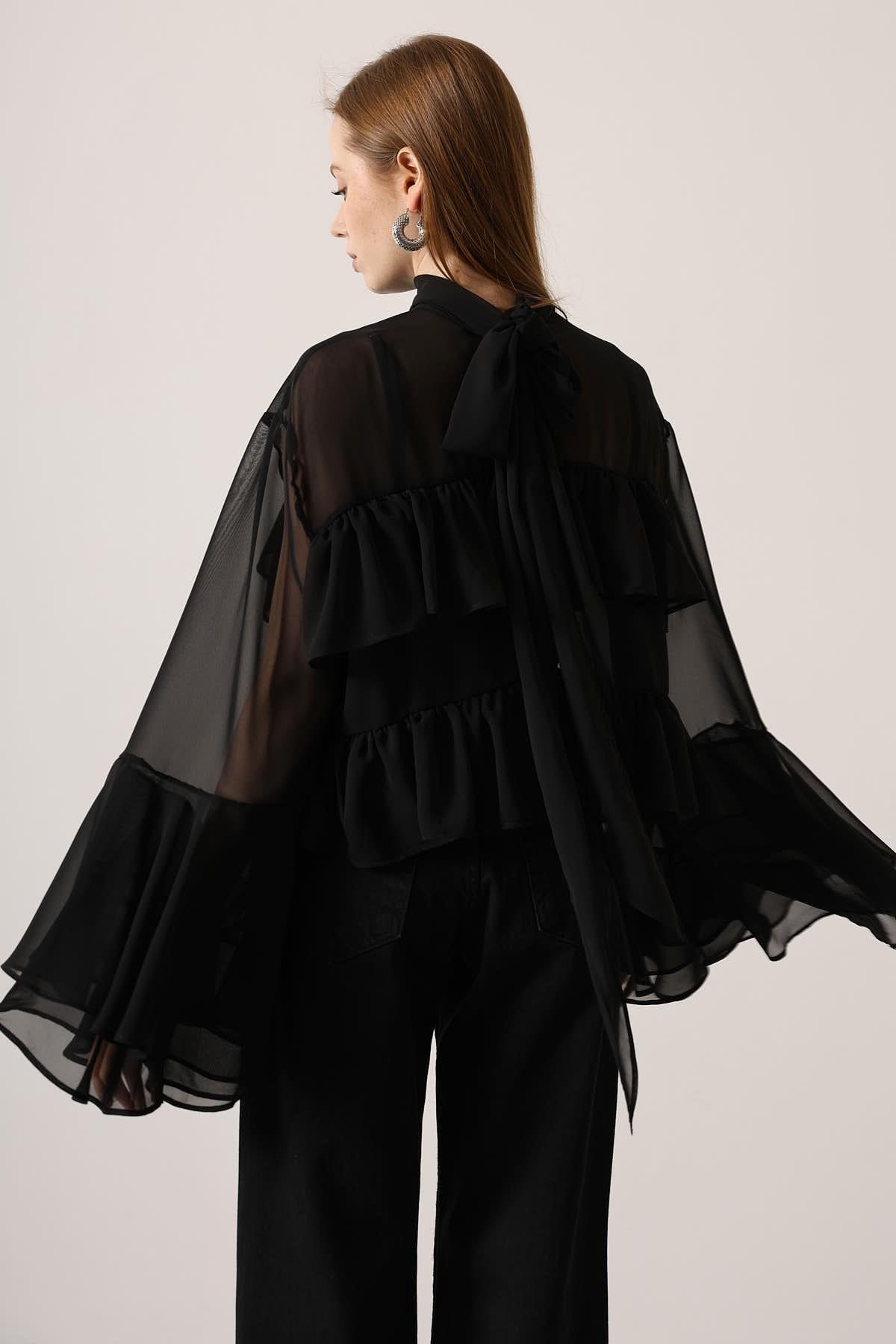 Wholesale Women's Black Chiffon Draped Long-Sleeve Blouse 0061-31349
