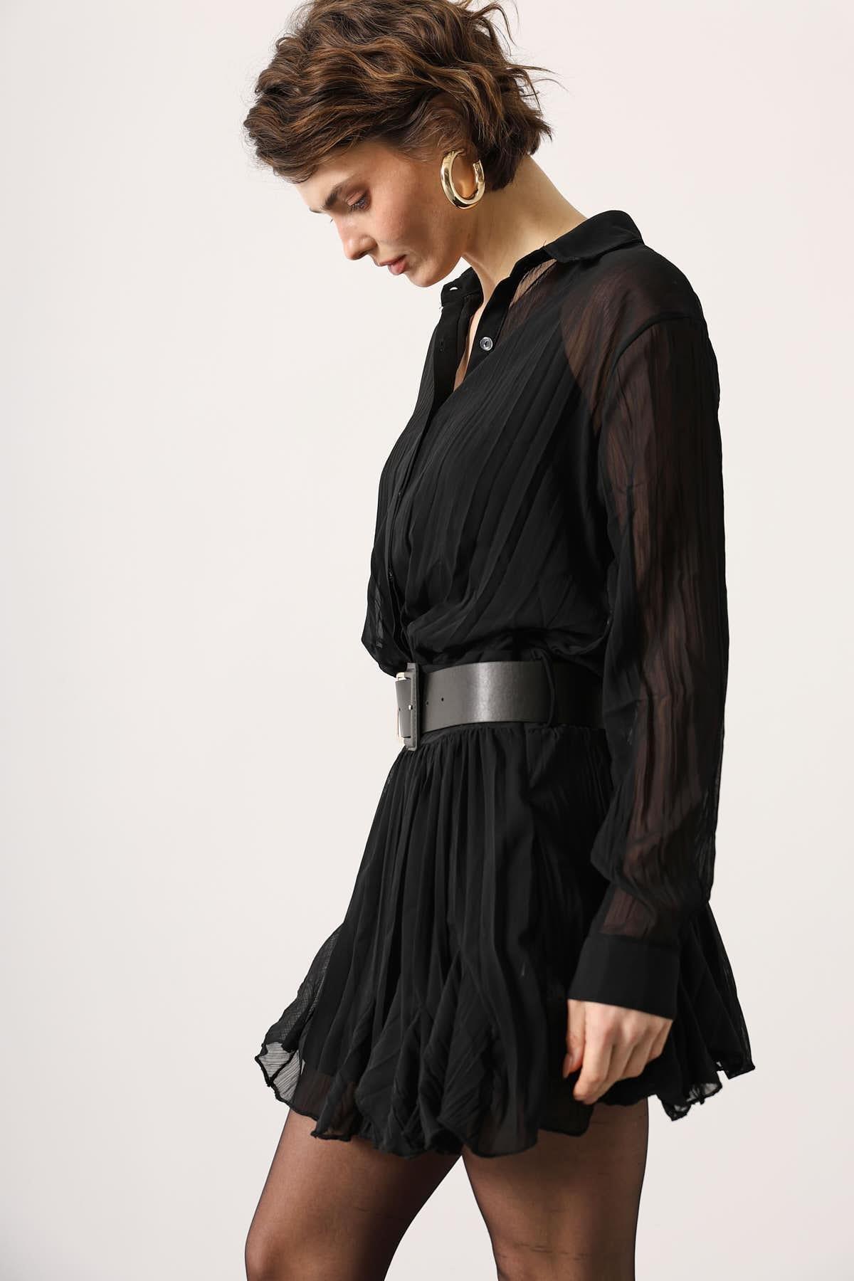 Wholesale Women's Black Chiffon Mini Dress with Belt 0061-35537