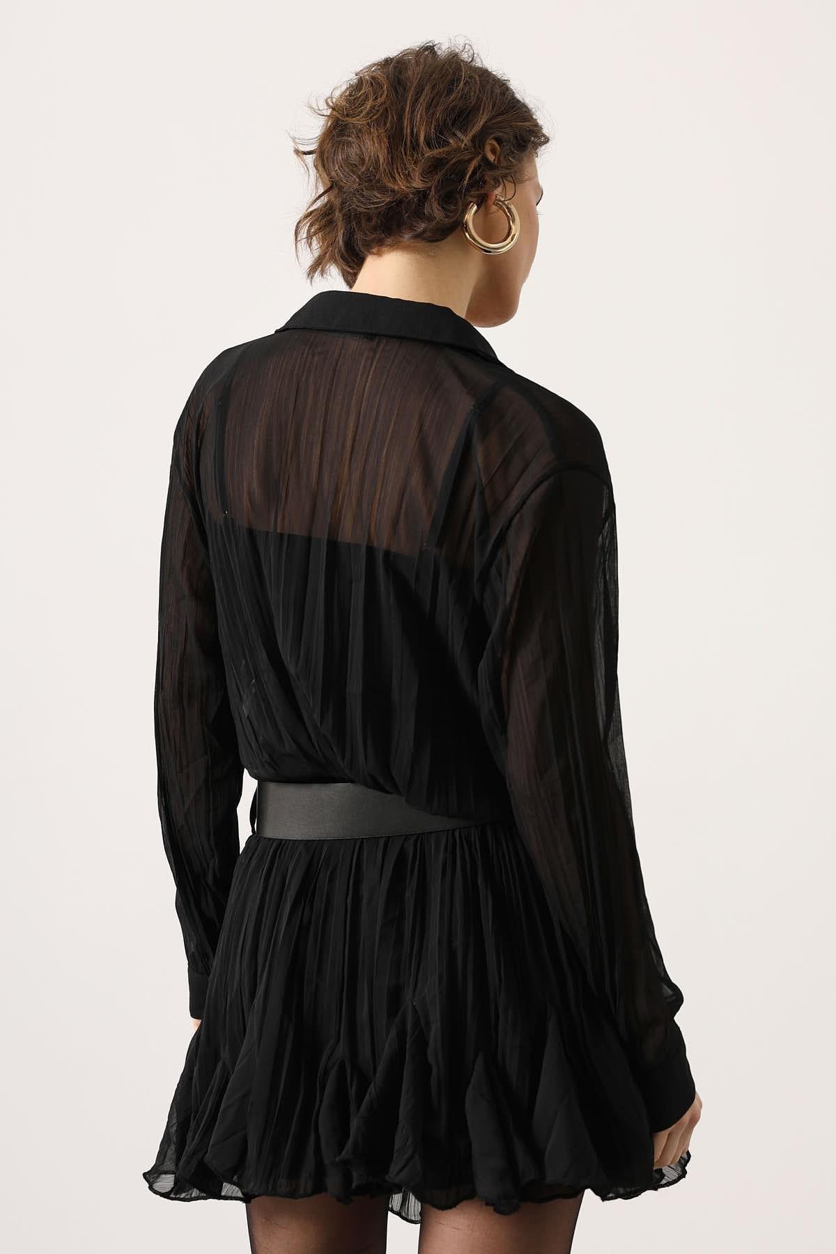 Wholesale Women's Black Chiffon Mini Dress with Belt 0061-35537