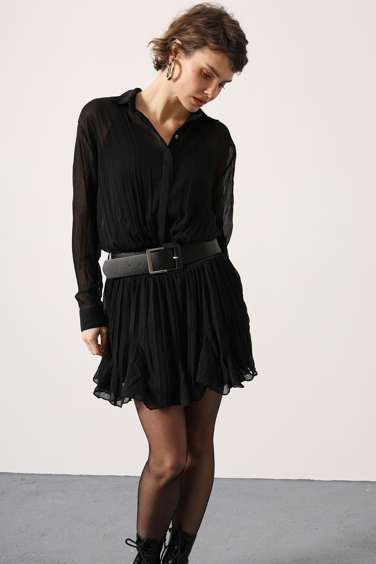 Wholesale Women's Black Chiffon Mini Dress with Belt 0061-35537