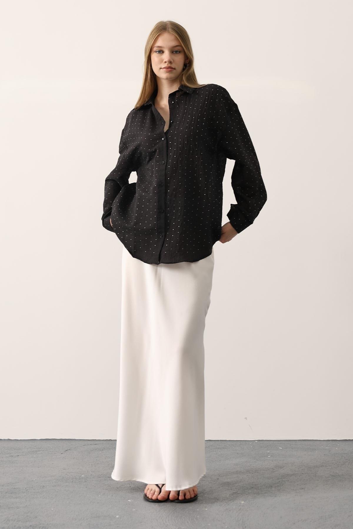 Wholesale Women's Black Chiffon Shirt with Rhinestone Embellishment 0061-34421