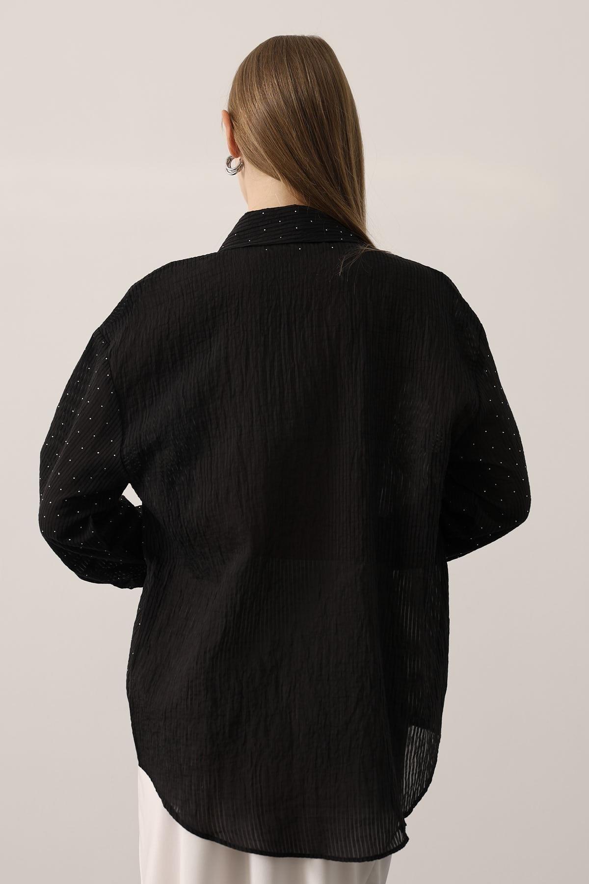 Wholesale Women's Black Chiffon Shirt with Rhinestone Embellishment 0061-34421