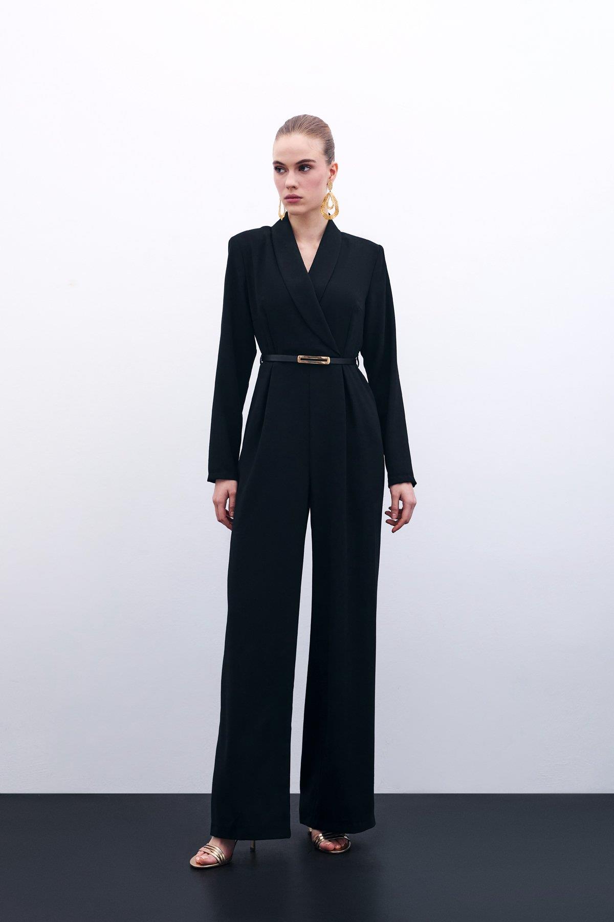 Wholesale Women's Black Crepe Jumpsuit with Belt 0033-1738-7002