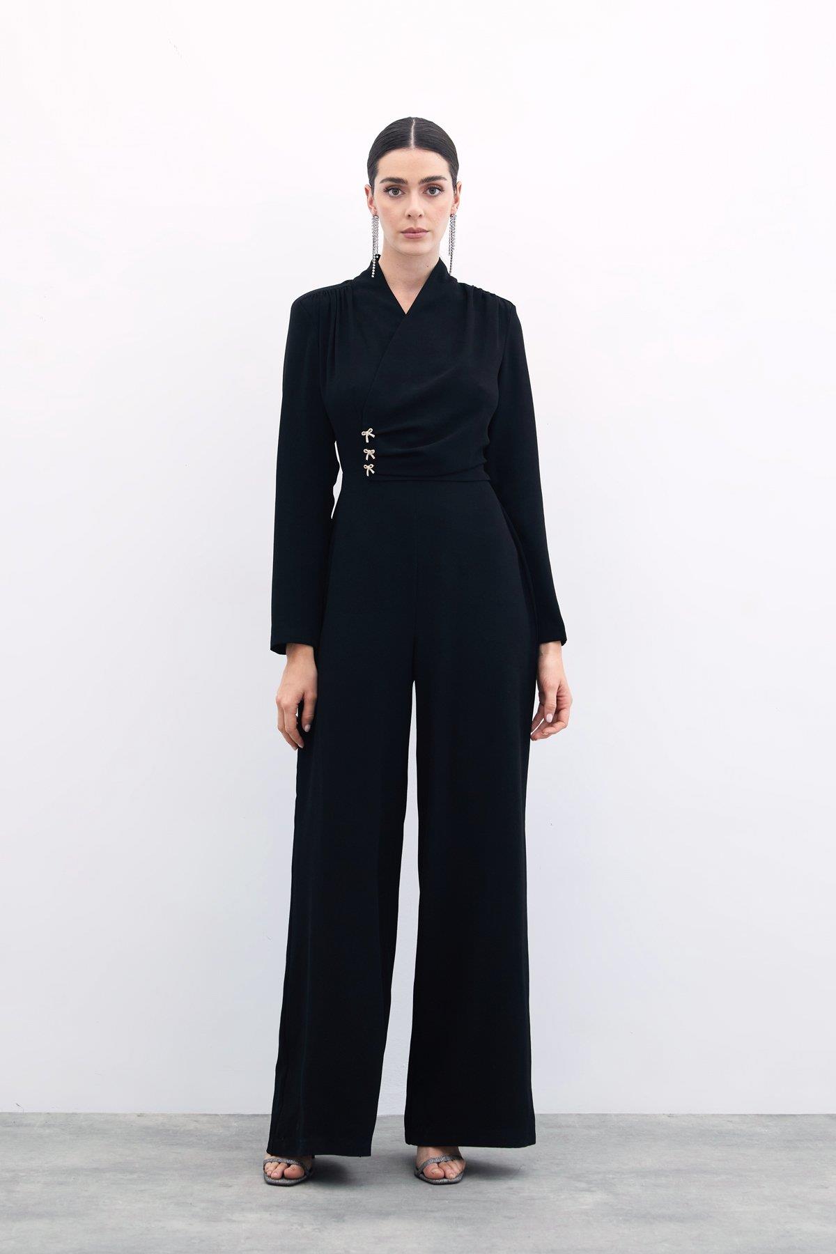 Wholesale Women's Black Crepe Jumpsuit with Bow Accessory 0033-1738-7002