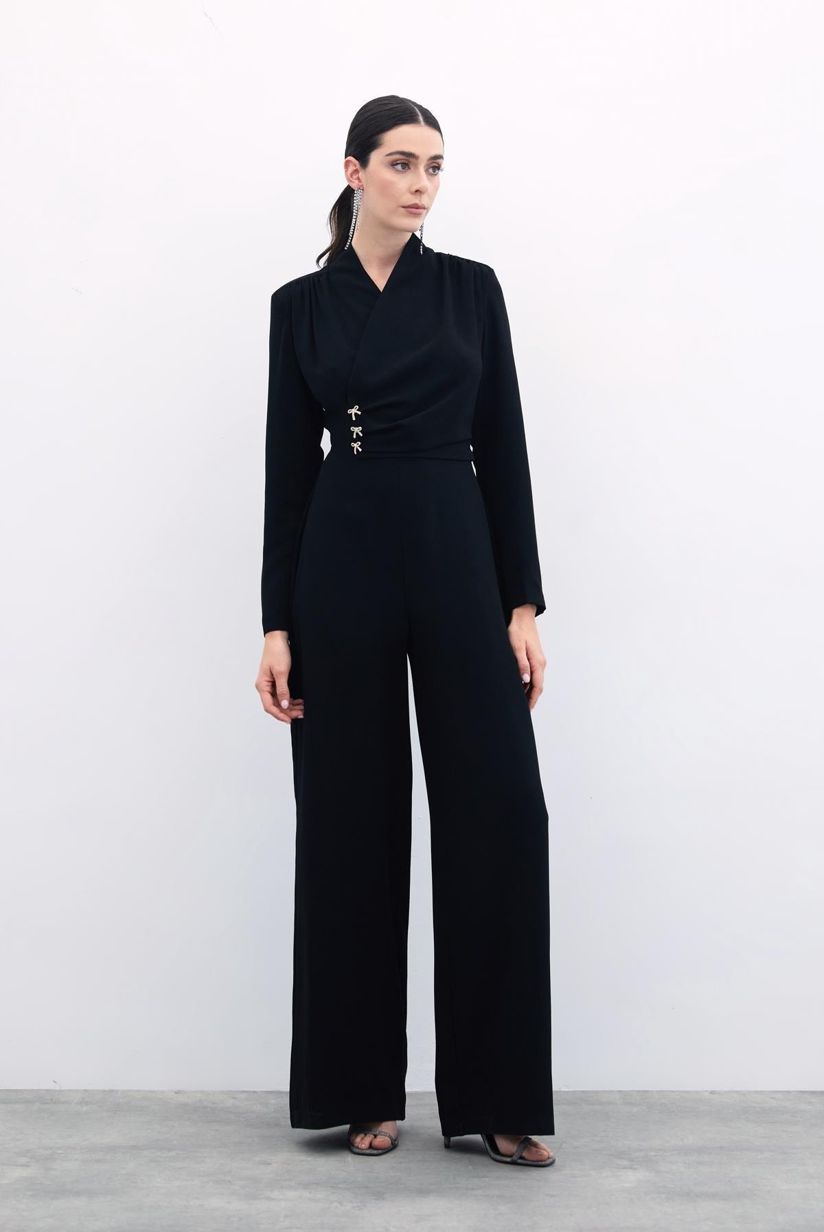 Wholesale Women's Black Crepe Jumpsuit with Bow Accessory 0033-1738-7002