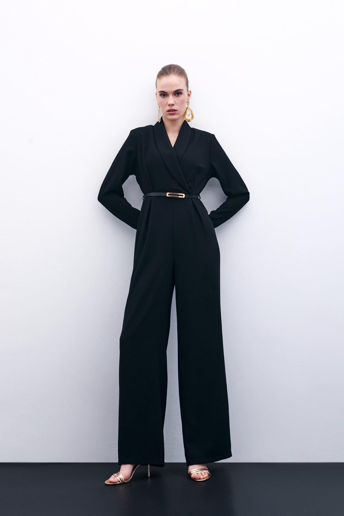 Wholesale Women's Black Crepe Jumpsuit with Belt 0033-1738-7002