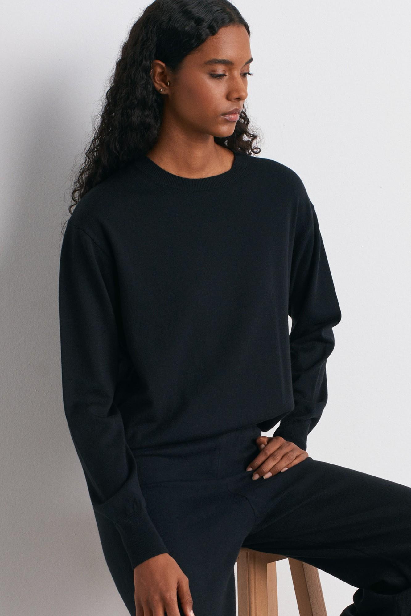 Wholesale Women's Black Crew-Neck Woolen Basic Knit Sweater 0431-10633