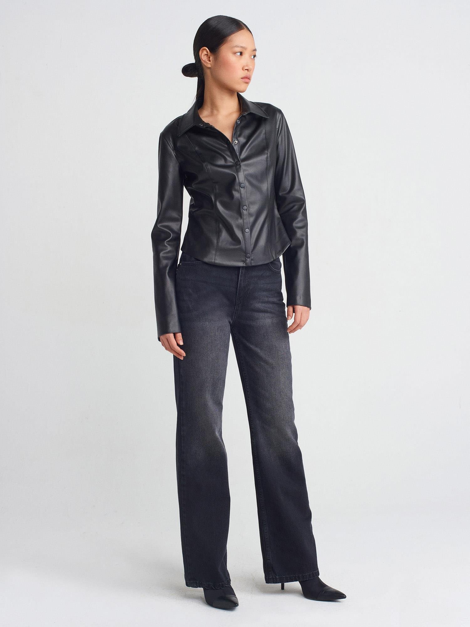 Wholesale Women's Black Faux Leather Shirt with Snap Closure 0431-50492