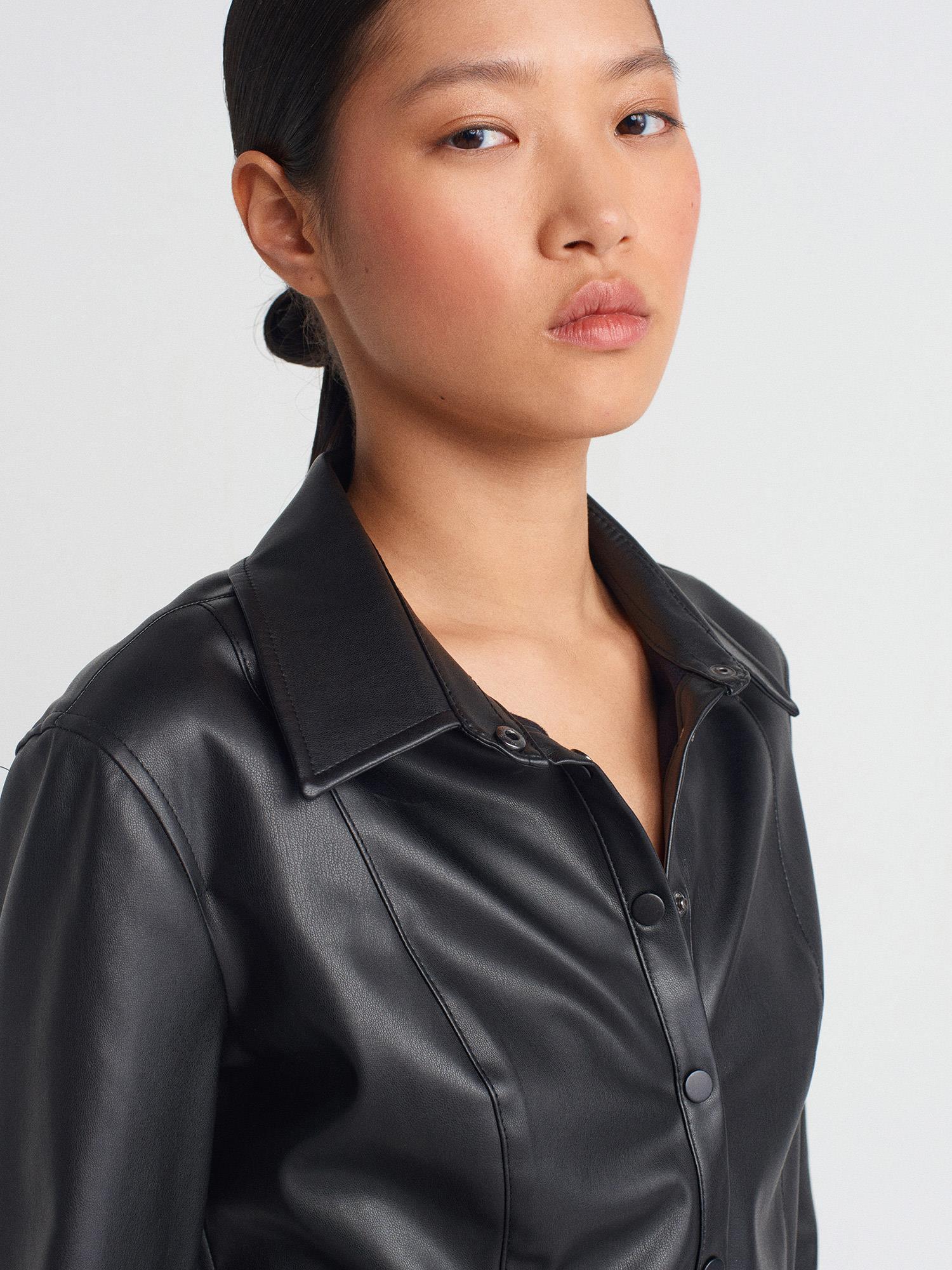 Wholesale Women's Black Faux Leather Shirt with Snap Closure 0431-50492