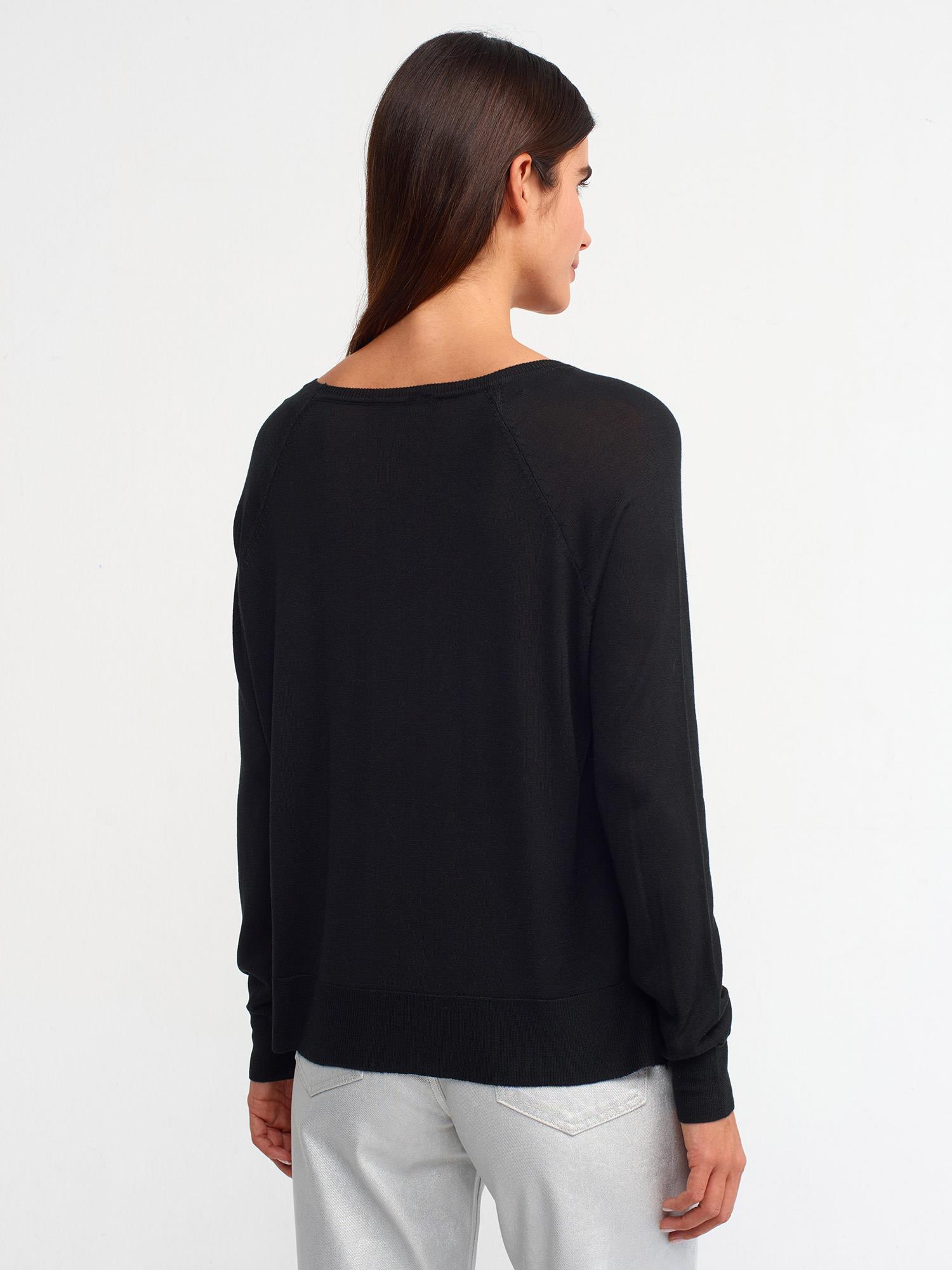 Wholesale Women's Black Fine Knit Blouse with Raglan Sleeves and Side Slits 0431W26-10536