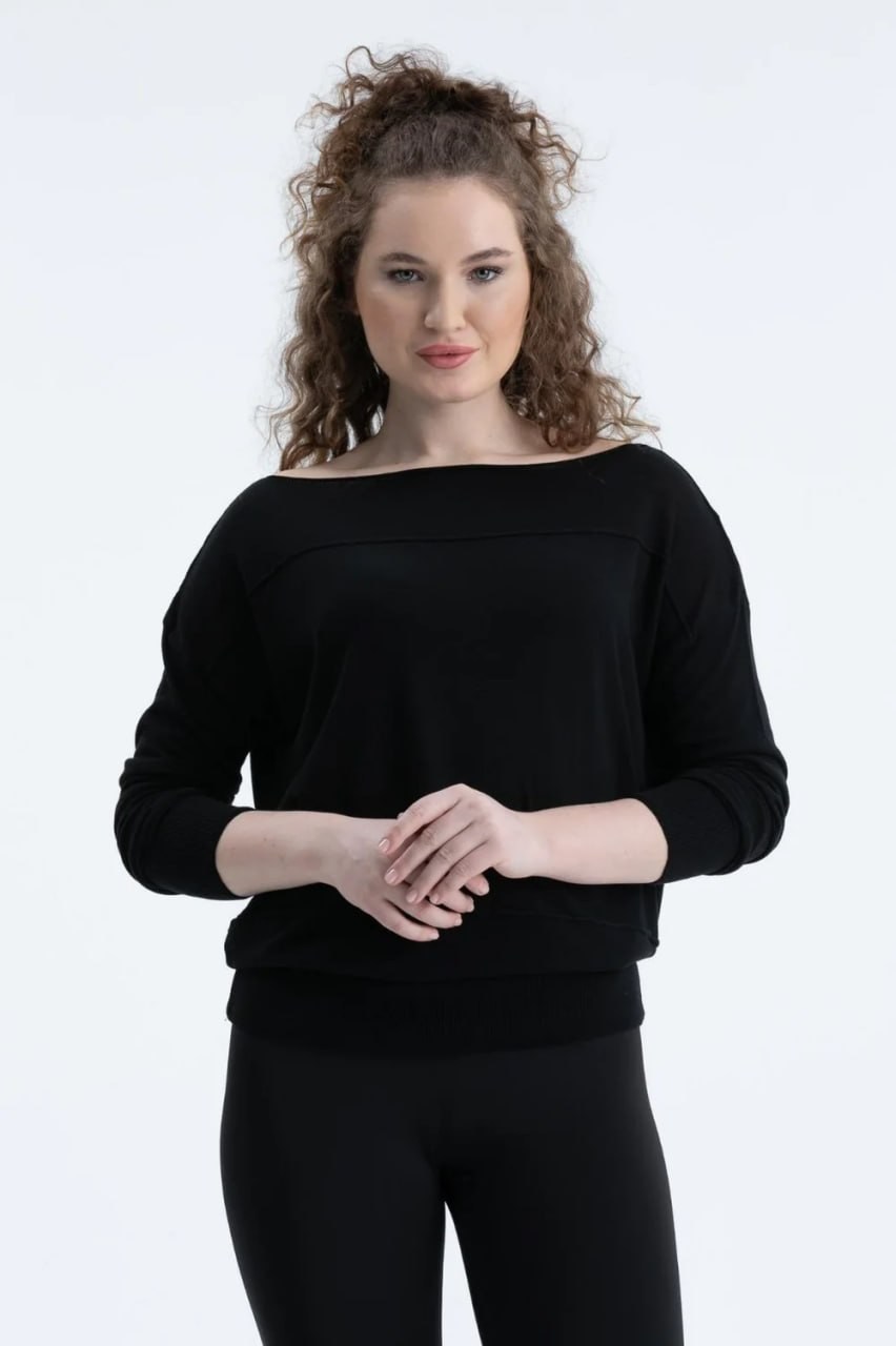 Wholesale Women's Black Fine Knit Sweater with Boat Neck and Drop Shoulders 0037-8540