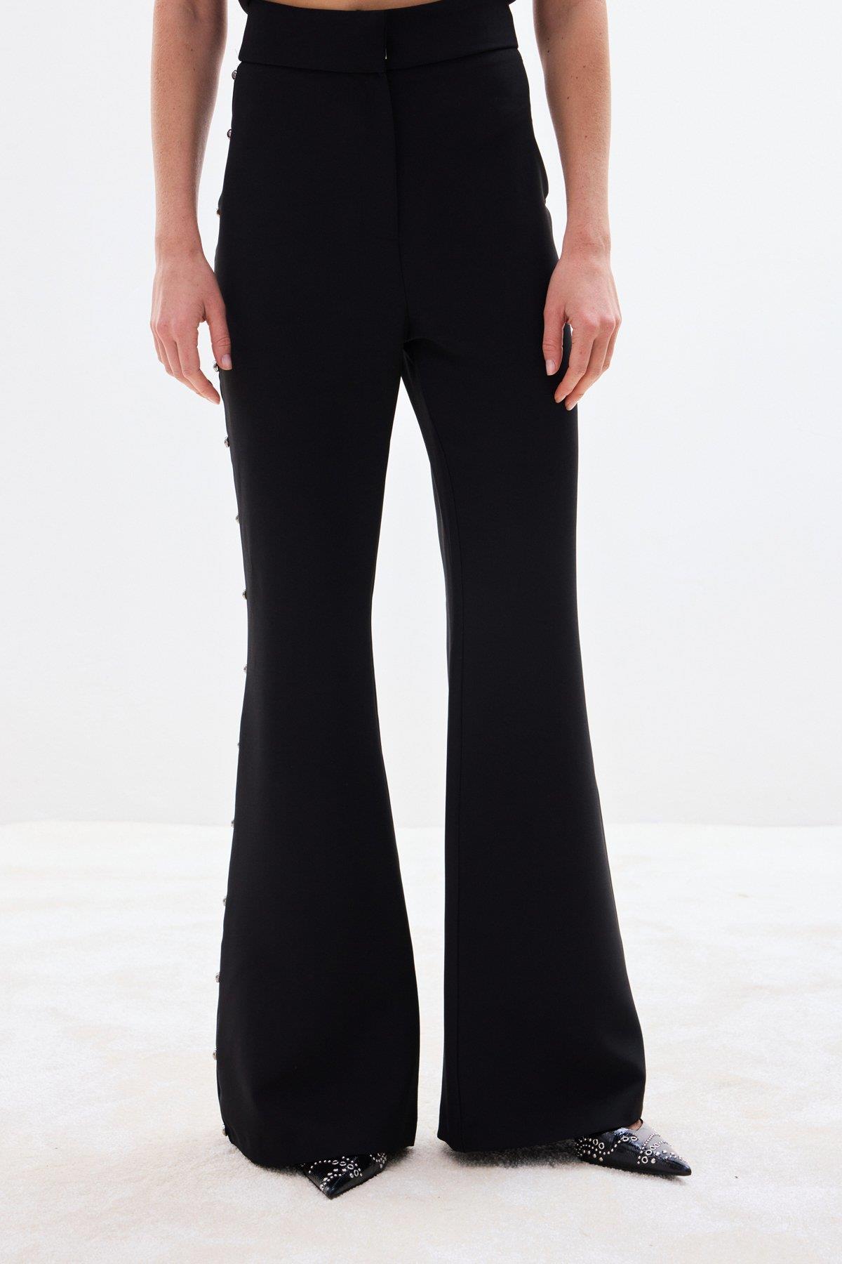 Wholesale Women's Black Flared Trousers with Pearl Embellishment on the Sides 0033-1926-5545