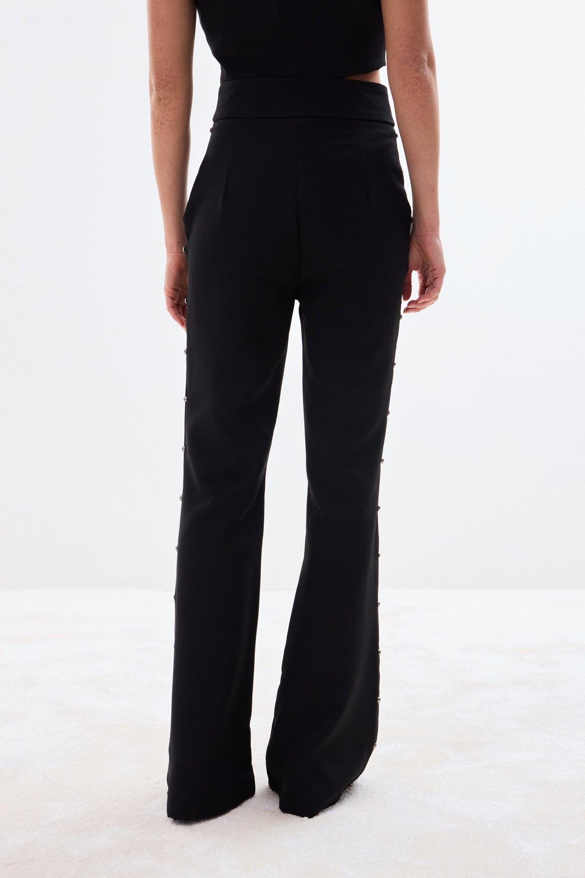 Wholesale Women's Black Flared Trousers with Pearl Embellishment on the Sides 0033-1926-5545
