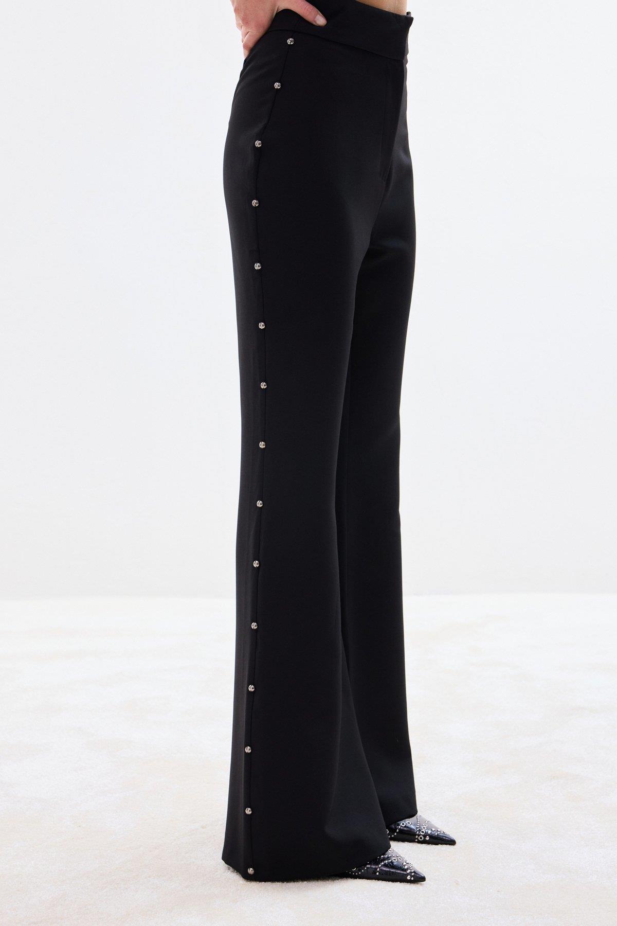 Wholesale Women's Black Flared Trousers with Pearl Embellishment on the Sides 0033-1926-5545