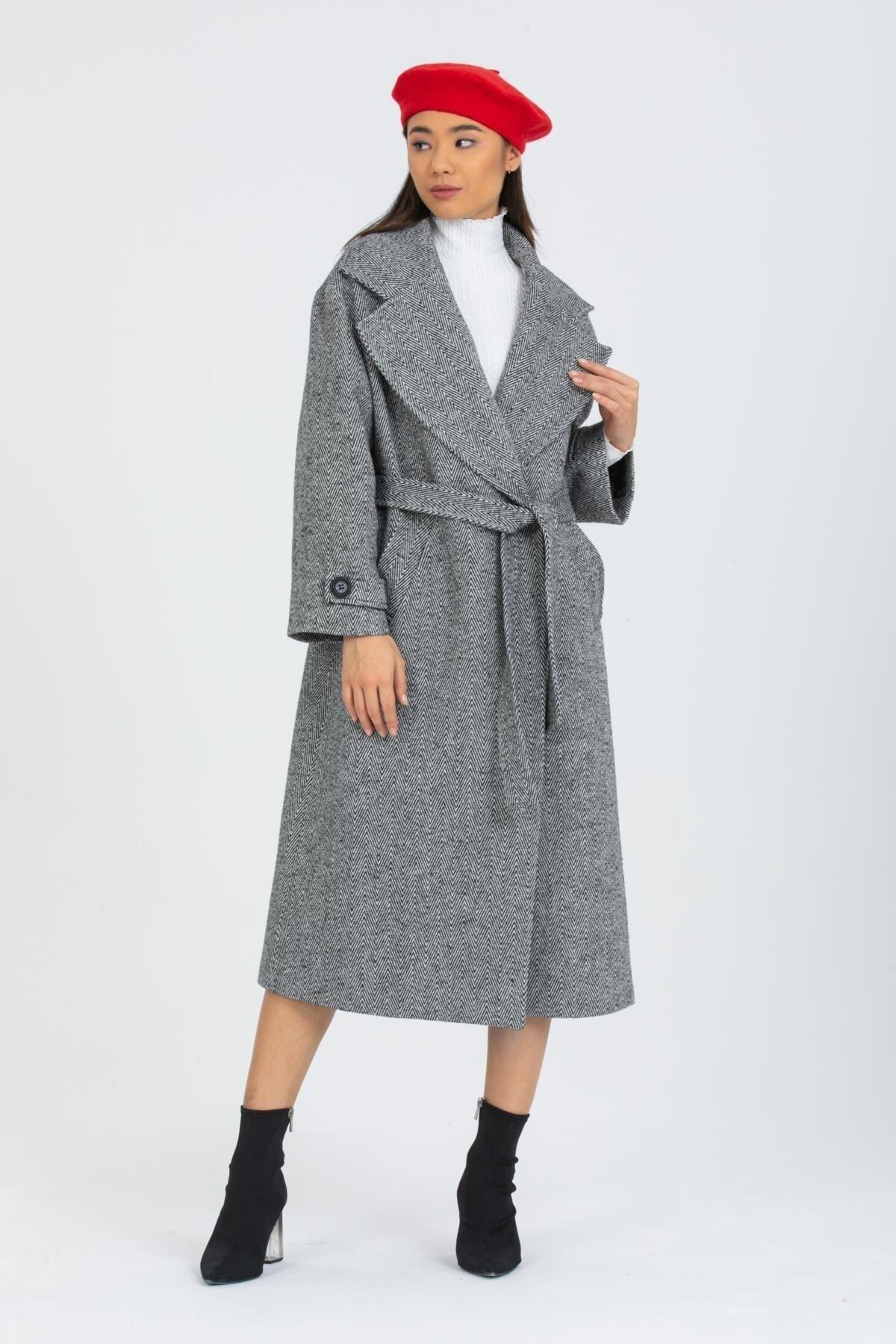 Wholesale Women's Black Herringbone Lined Long Coat